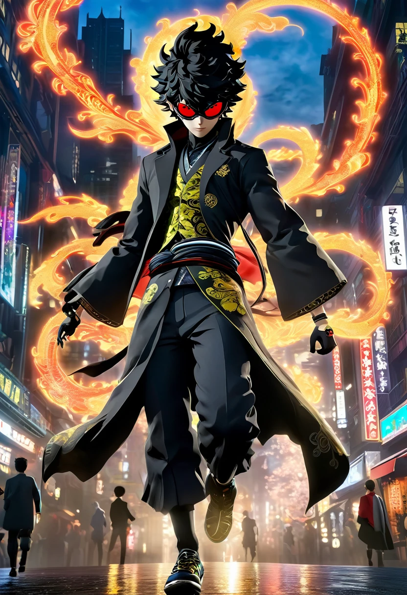 (best quality,4k,8k,highres,masterpiece:1.2),ultra-detailed,(realistic,photorealistic,photo-realistic:1.37), A persona user from Persona 5, accompanied by their guardian spirit, stands in a vibrant and bustling city. The persona user, dressed in stylish and unique attire, exudes confidence and determination. The persona user stands tall, projecting an aura of strength and power. Beside the persona user, their guardian spirit manifests in the form of a Yokai, a supernatural creature known for its mystical abilities. With intricate details and vibrant colors, the Yokai emanates an otherworldly presence. It serves as a visual representation of the persona user's inner self, both a protector and a source of power. Surrounding the persona user and the Yokai, the cityscape comes alive with bustling streets, vibrant signs, and towering skyscrapers. The city is bathed in the hues of sunset, casting a warm and mysterious glow over the scene. The lights from the city create an enchanting ambiance, highlighting the contrast between the modern metropolis and the fantastical elements of the persona user and the Yokai. In terms of art style, the image embodies a fusion of anime and concept art. This combination captures the essence of the Persona 5 world and brings it to life with bold lines, dynamic poses, and a unique blend of realism and fantasy. The art style seamlessly integrates the supernatural elements with the urban setting, creating a visually striking composition. The lighting in the image is carefully crafted to enhance the atmosphere and mood. Soft, diffused light illuminates the persona user's face, accentuating their features and adding a touch of mystery. The cityscape is bathed in golden hues, creating a warm and inviting ambiance that contrasts with the supernatural elements of the scene. Cinematic