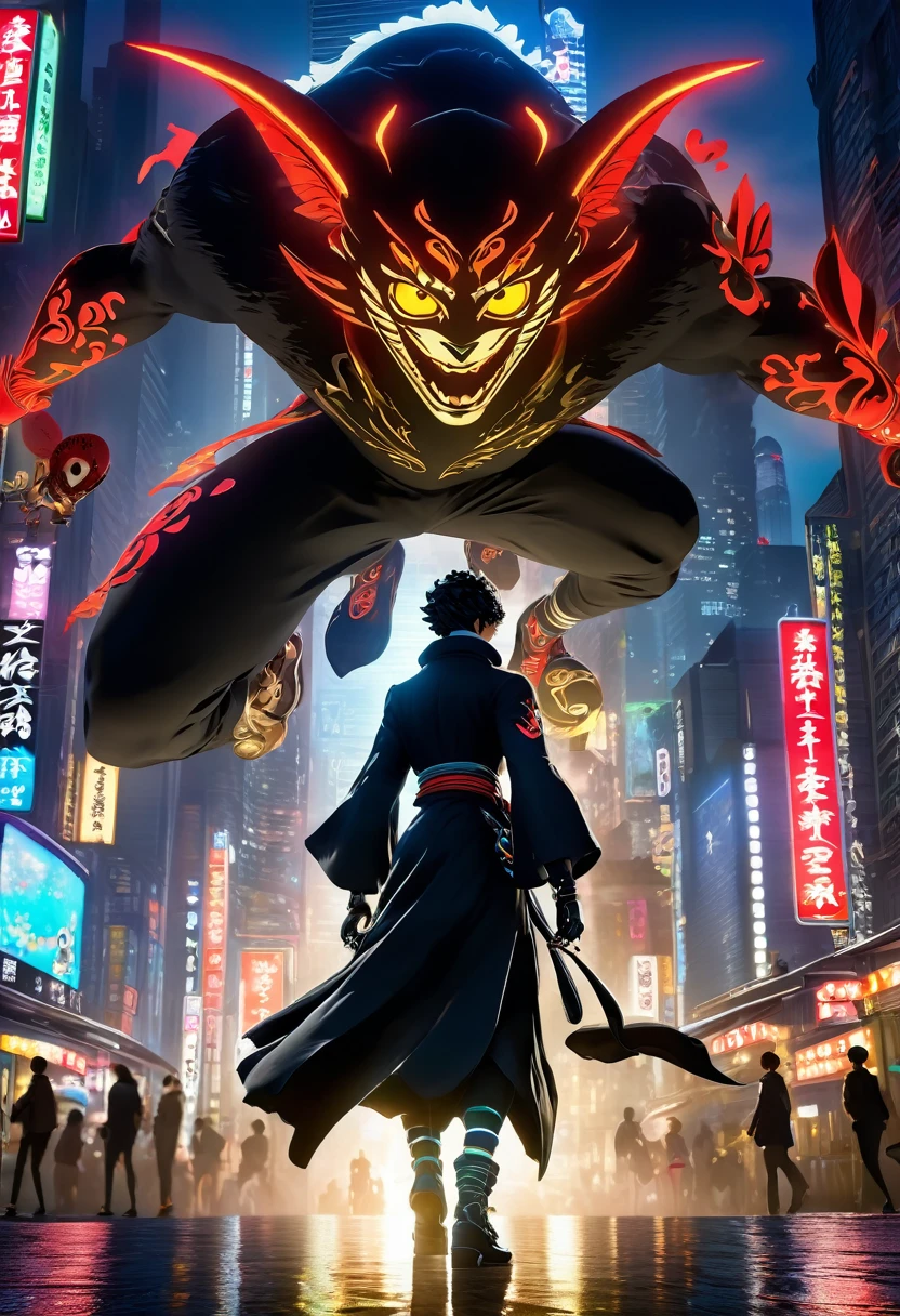 (best quality,4k,8k,highres,masterpiece:1.2),ultra-detailed,(realistic,photorealistic,photo-realistic:1.37), A persona user from Persona 5, accompanied by their guardian spirit, stands in a vibrant and bustling city. The persona user, dressed in stylish and unique attire, exudes confidence and determination. The persona user stands tall, projecting an aura of strength and power. Beside the persona user, their guardian spirit manifests in the form of a Yokai, a supernatural creature known for its mystical abilities. With intricate details and vibrant colors, the Yokai emanates an otherworldly presence. It serves as a visual representation of the persona user's inner self, both a protector and a source of power. Surrounding the persona user and the Yokai, the cityscape comes alive with bustling streets, vibrant signs, and towering skyscrapers. The city is bathed in the hues of sunset, casting a warm and mysterious glow over the scene. The lights from the city create an enchanting ambiance, highlighting the contrast between the modern metropolis and the fantastical elements of the persona user and the Yokai. In terms of art style, the image embodies a fusion of anime and concept art. This combination captures the essence of the Persona 5 world and brings it to life with bold lines, dynamic poses, and a unique blend of realism and fantasy. The art style seamlessly integrates the supernatural elements with the urban setting, creating a visually striking composition. The lighting in the image is carefully crafted to enhance the atmosphere and mood. Soft, diffused light illuminates the persona user's face, accentuating their features and adding a touch of mystery. The cityscape is bathed in golden hues, creating a warm and inviting ambiance that contrasts with the supernatural elements of the scene. Cinematic