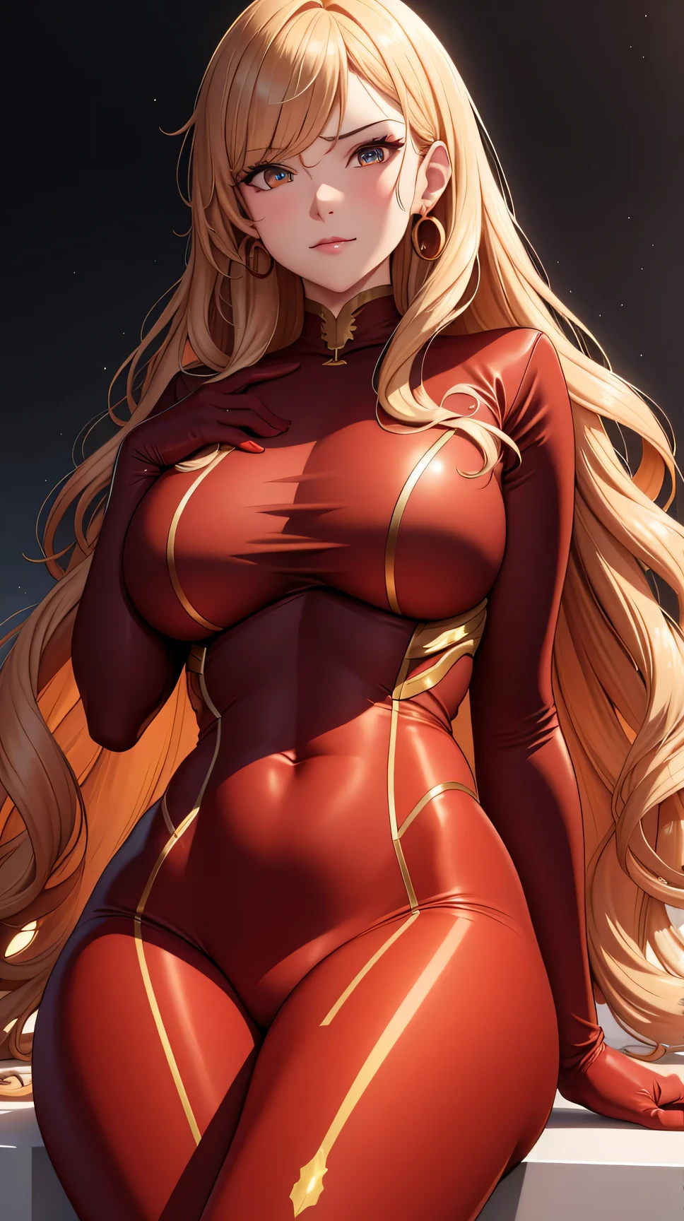 (best quality:1.5, highres, UHD, 4K, detailed lighting, shaders), gold curly haired, gradient hair, large breasts, red suit, red social long pants, mature woman , (pov), white background, colorful eyeshadow, dramatic lighting, sparkling eyes, sensual expression, golden earrings, flowing hair, delicate facial features, soft skin, high cheekbones, urban setting, white background, dont look for the camera, lean forward,