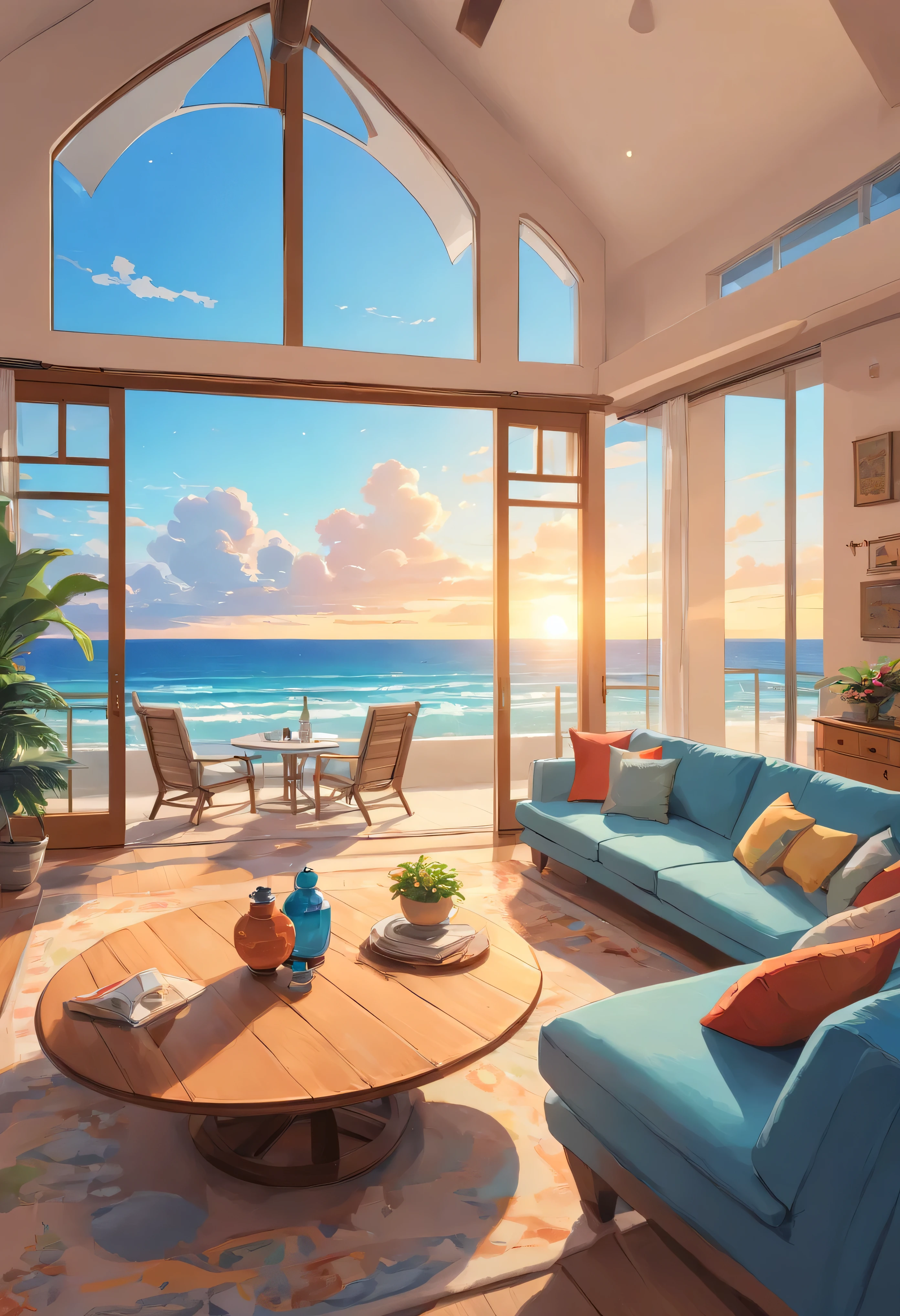 Beautiful oceanfront beachfront condo in white color with blue and grey accents. The living room has large windows that look out over the balcony overlooking the beautiful sunset view on the Gulf Coast in Mexico. In the foreground is an open area with some dining table chairs. There is also a TV on one wall and a sofa. This photo was taken using a high-resolution DSLR camera. It captures every detail perfectly. The colors are vibrant and true to life in the style of a professional photographer, 8k, super detail, accurate, best quality