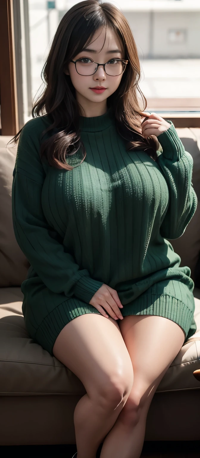 (Best quality,8k,ultra high res:1.2),(Pretty Japanese girl),(Huge breasts:0.8),(dark green sweater), (thick thighs:0.9), (obese body), (glasses), (SFW),