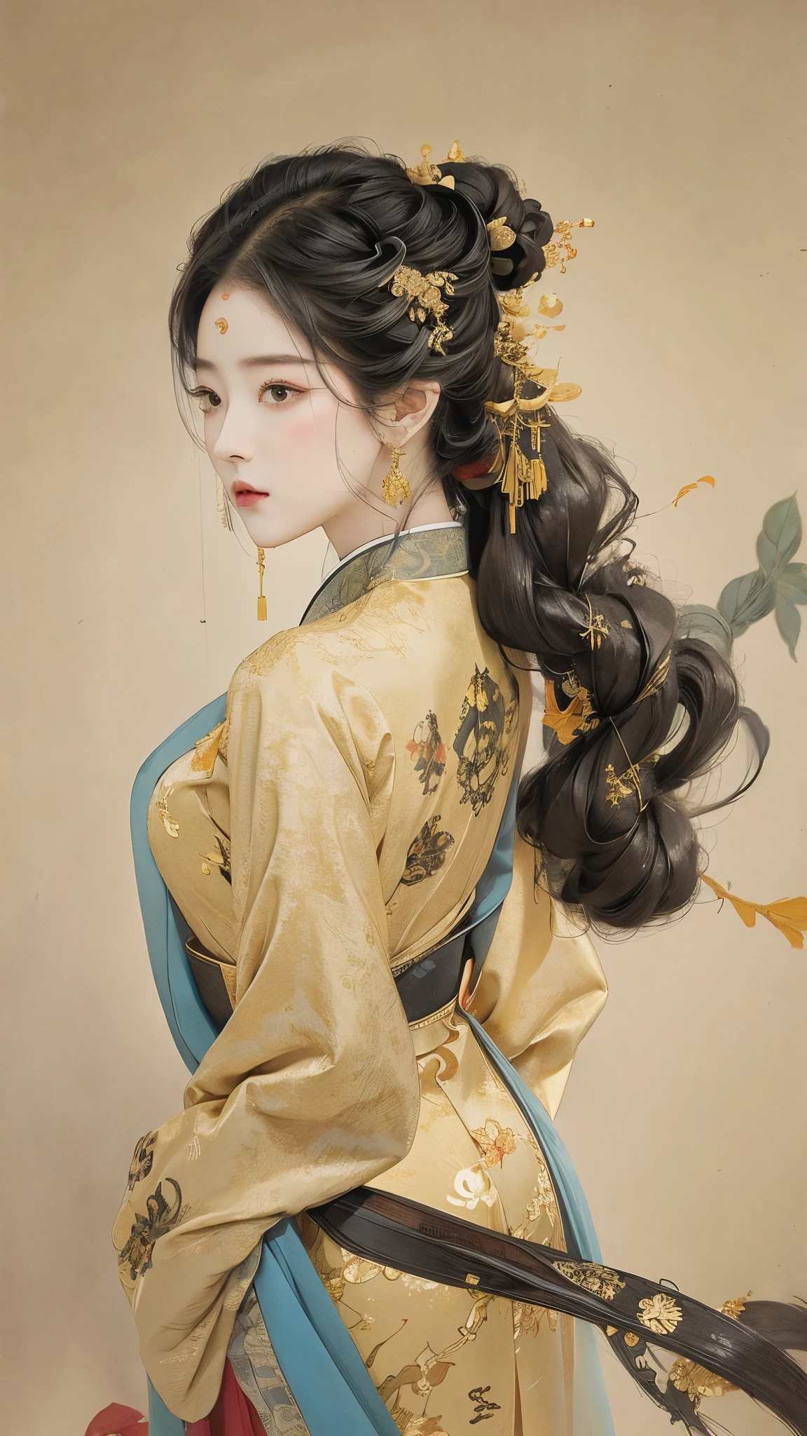 hanfu,1girl,(gilt gradient background:1.2), chinese style,(elegance:1.4), ancient decoration,swirl style, ink splash,