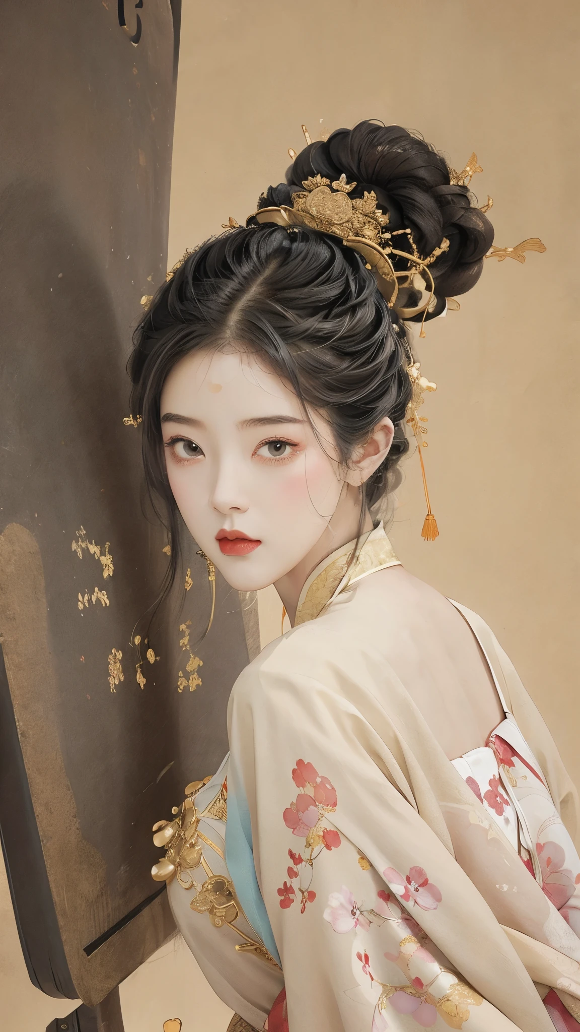 hanfu,1girl,(gilt gradient background:1.2), chinese style,(elegance:1.4), ancient decoration,swirl style, ink splash,