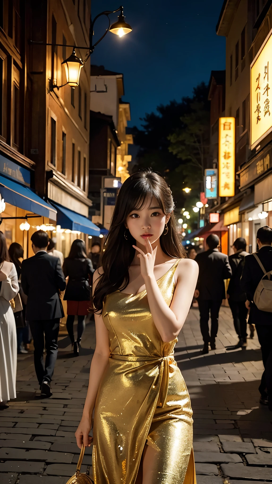 In the middle of a bustling city、A scene that looks like something straight out of a movie unfolds before your eyes.。The stage is set in high resolution.、Featuring intricate details that enhance its timeless appeal。Witnessing a scene that captures the essence of a bygone era when prosperity reigned supreme、The past comes alive。The warm light of the street lamps envelopes the surroundings.、Illuminating the cobblestone streets with a golden glow、corner々Illuminates up to。The cool night breeze、Carrying the hushed murmurs of the crowd as they gaze upon the mysterious figure, shrouded in an aura of intrigue and wonder.。Every step resonates softly