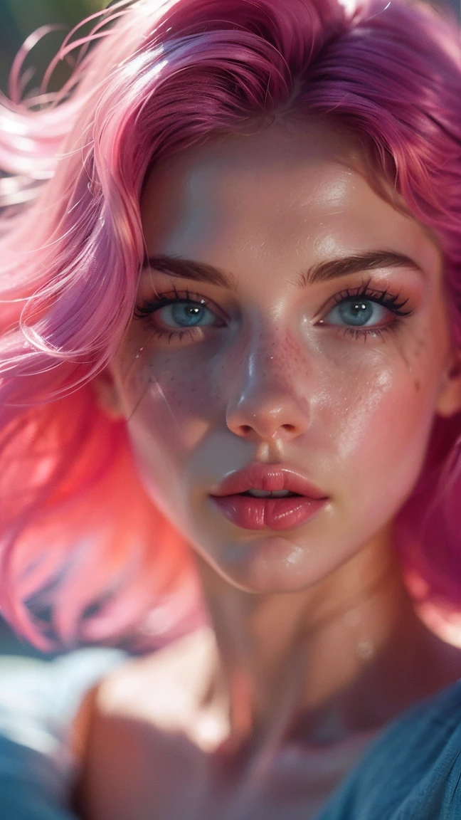 (((ultra realistic))) Photo, masterpiece, top quality, (pale skin), (Ultra detailed face and eyes:1.3), 1 girl, Adult, in a T-shirt, ((Eye makeup, pink mascara)), ((A slight smile)), ((large detailed lips)), ((Pink hair in the wind)), ((Chyolka)) , (Natural breasts), Slim waist. ((Posing)), photoshoot, studio (soft lighting), (The play of light and shadows), depth of field, bokeh, (special attention to skin detail: 1.2), Detailed leather texture, skin pores. (Warm atmosphere of the frame. Color range - purple, Pink, blue tones), UDR, ((Film grain)), ((rays)), (Glare), ((waist up portrait)) , ultra detialed,