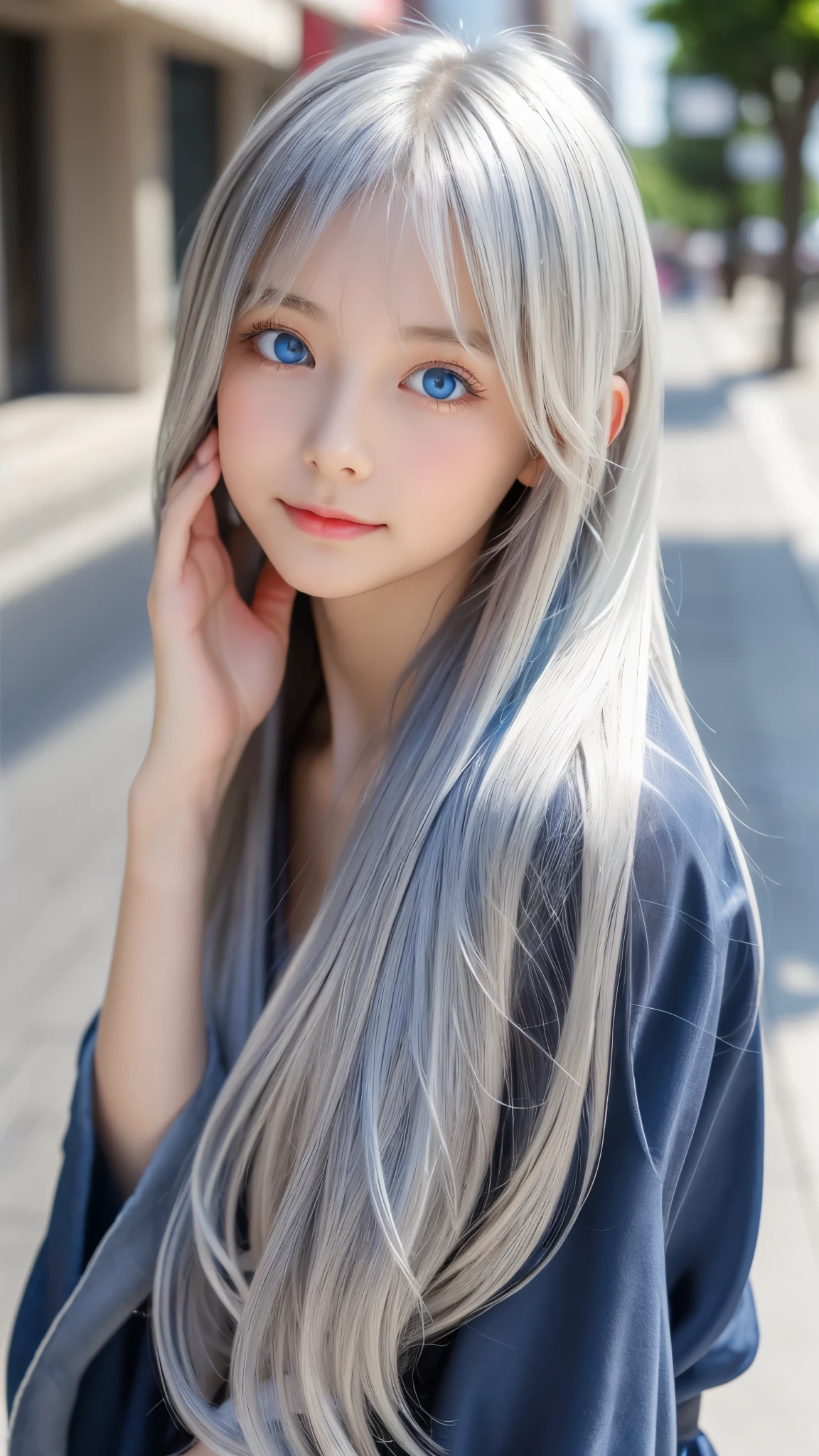 Shining, clear, white skin、Her windblown silver hair hides her beautiful face.、huge、28 years old cute sexy little beautiful face、Beautiful straight hair that stands out、growing up, Sparkling light blue eyes、long silky bangs that cover cute eyes, Sexy and cute young woman with super long hair hiding her sexy face、Shining silver hair