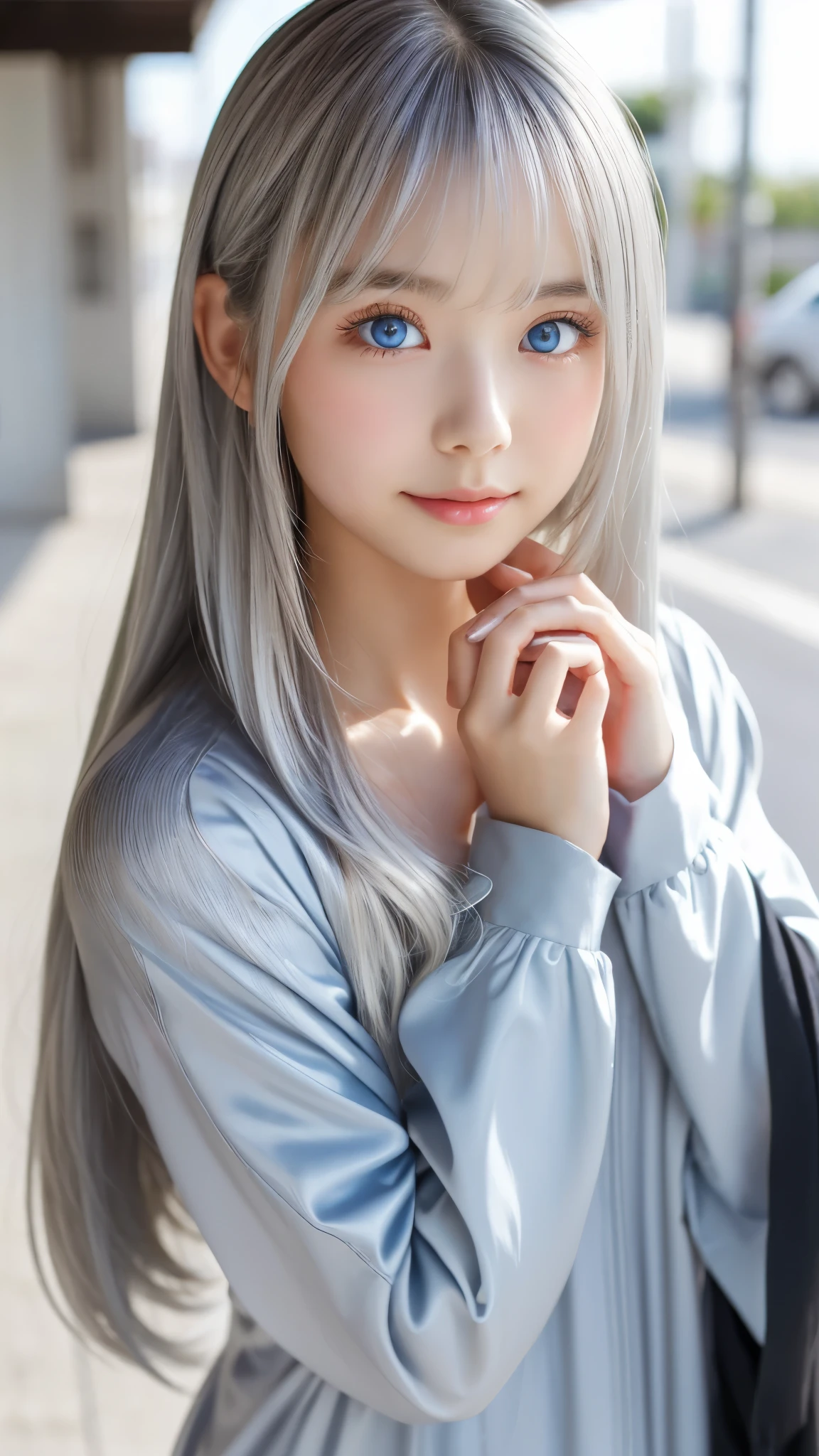 Shining, clear, white skin、Her windblown silver hair hides her beautiful face.、huge、28 years old cute sexy little beautiful face、Beautiful straight hair that stands out、growing up, Sparkling light blue eyes、long silky bangs that cover cute eyes, Sexy and cute young woman with super long hair hiding her sexy face、Shining silver hair