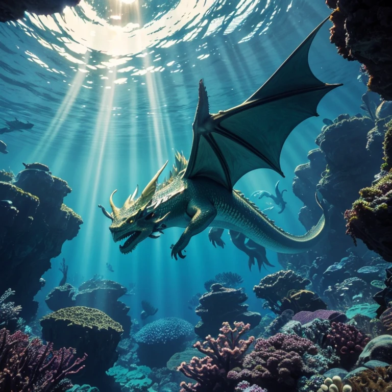 Underwater, sunrays coming from above, deep water, looking up, aquatic dragon swimming overhead, looking at dragon from below, small schools of fish, shelf rock, seaweed, deep blue, focus on dragon, breathtaking, gorgeous