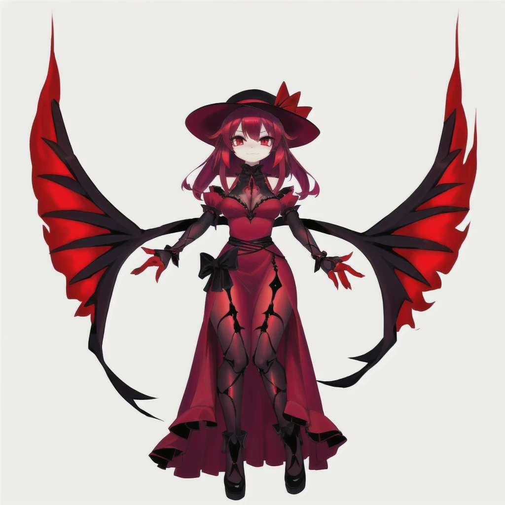 there is a drawing of a woman with a red dress and a hat, emitting evil red aura, dark goddess with six arms, red aura, red biomechanical dress, remilia scarlet from touhou, evil aura, crimson red aura, dark glowing red aura, the butterfly goddess of fire, symmetrical fullbody rendering