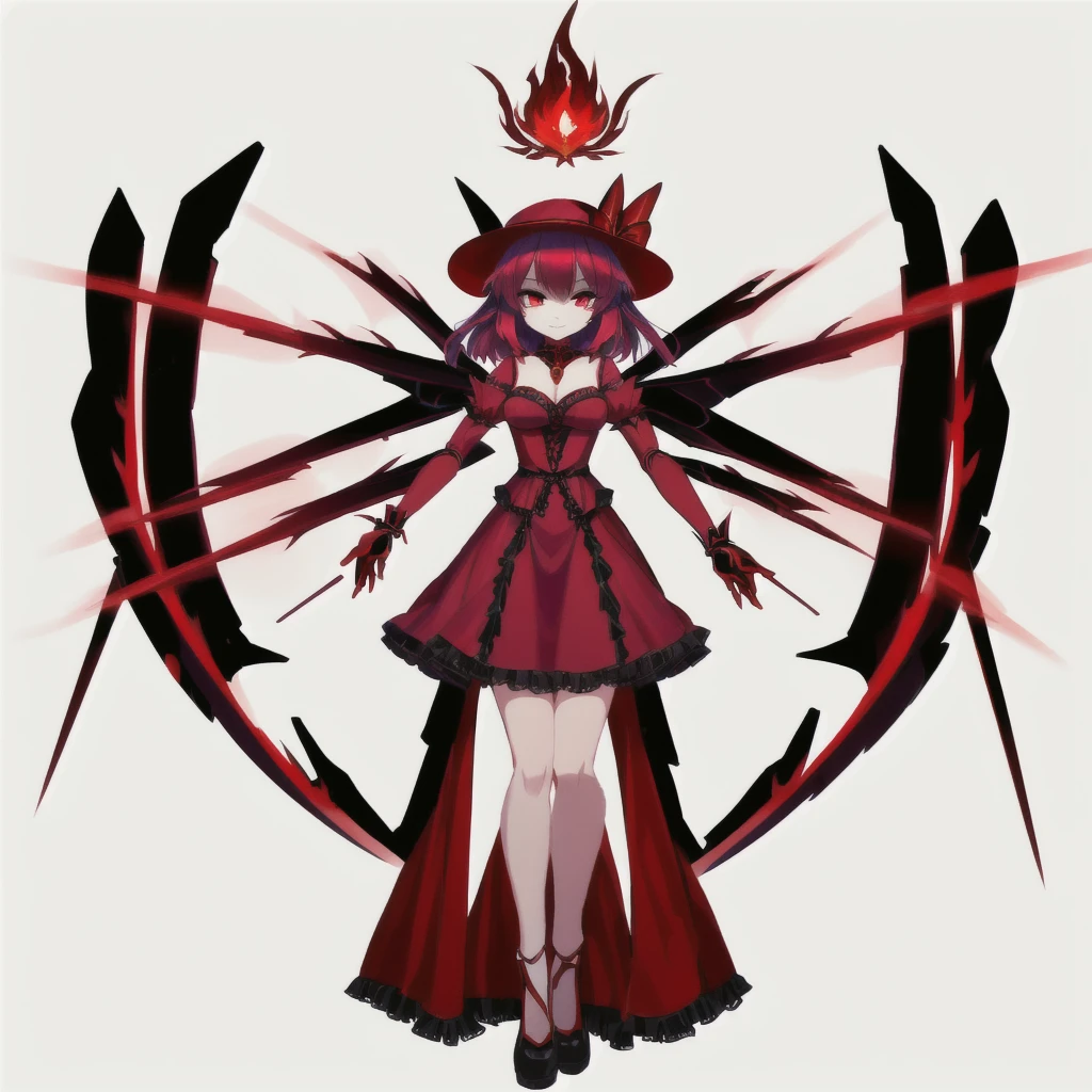 there is a drawing of a woman with a red dress and a hat, emitting evil red aura, dark goddess with six arms, red aura, red biomechanical dress, remilia scarlet from touhou, evil aura, crimson red aura, dark glowing red aura, the butterfly goddess of fire, symmetrical fullbody rendering