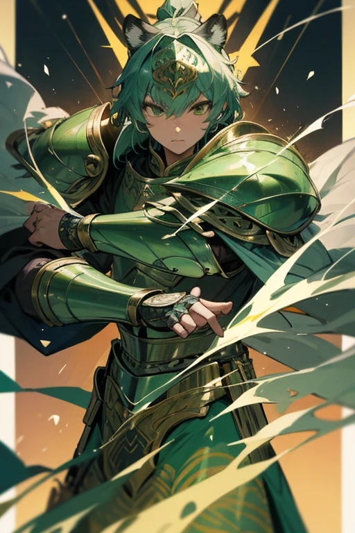 tiger knight, fine armor, Intricate Design, Silver, silk,  8k.sharp、View your viewers、overwhelmingly strong、Eyes are emerald green、male、Tiger-inspired armor、
