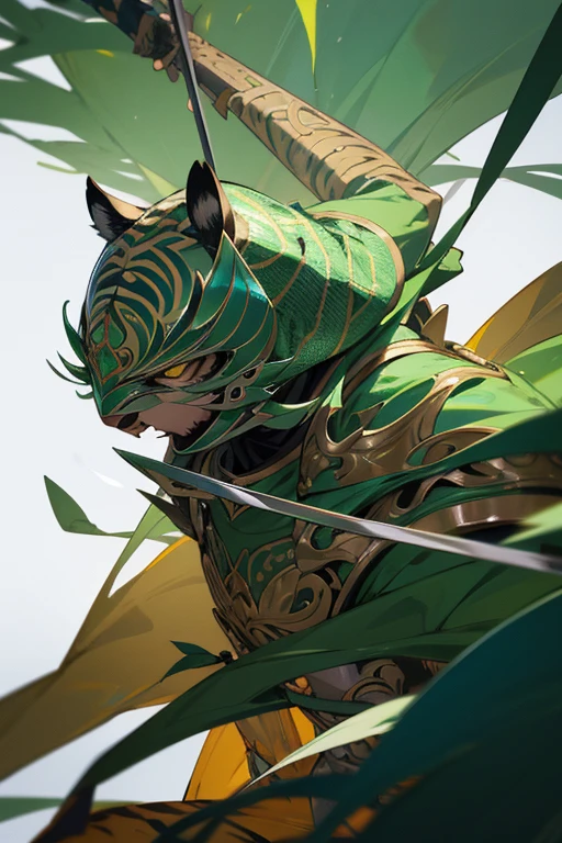 tiger knight, fine armor, Intricate Design, Silver, silk, 8k.sharp、View your viewers、overwhelmingly strong、Eyes are emerald green、male、Tiger-inspired armor、