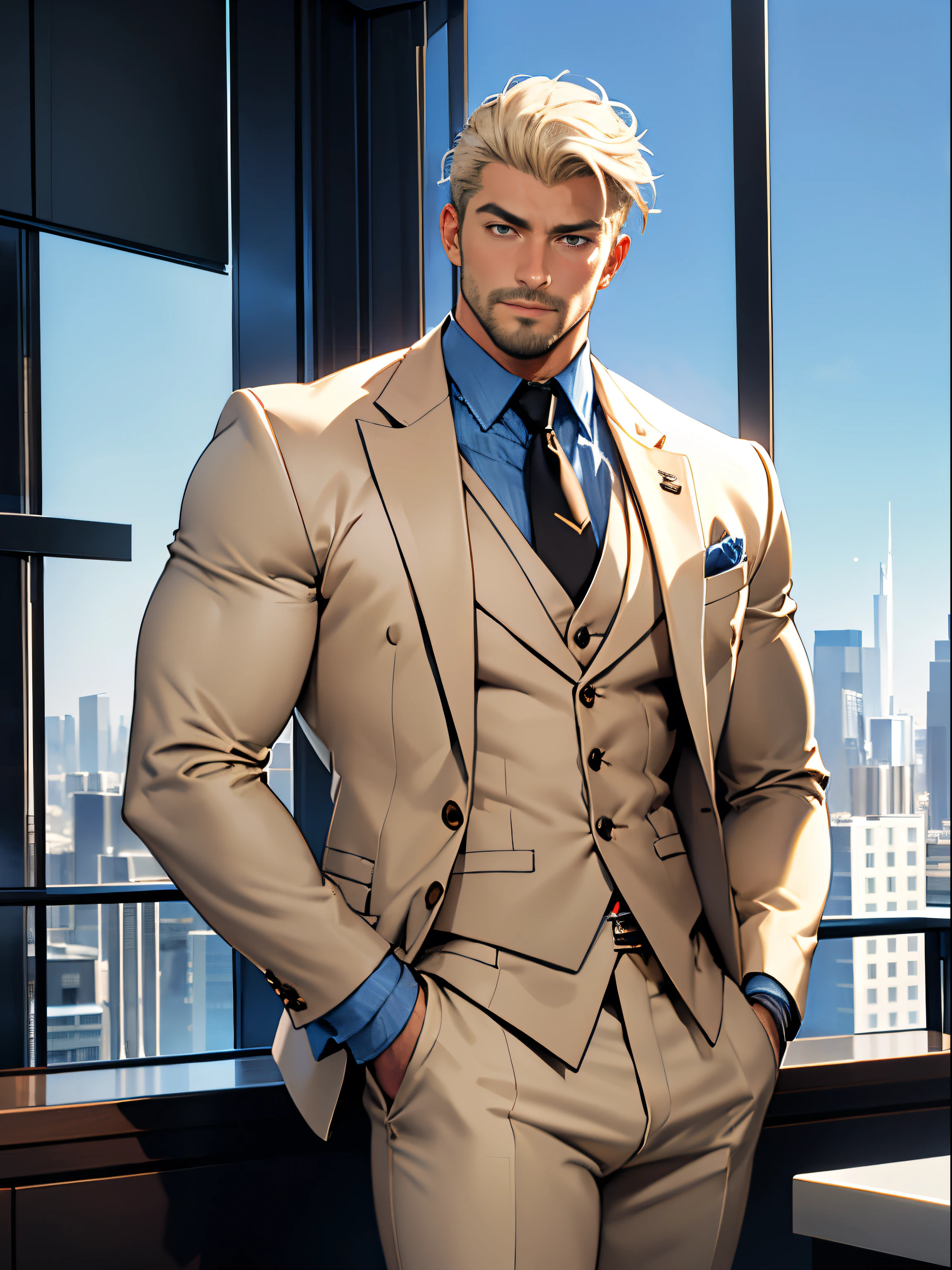 distinto cavalheiro de terno, Cabelo claro, Peito revelado, peito nu, pectoral muscles, open buds, maduro, restolho, CEO em vista do horizonte da cobertura, postura confiante, muscular, roupas reveladoras