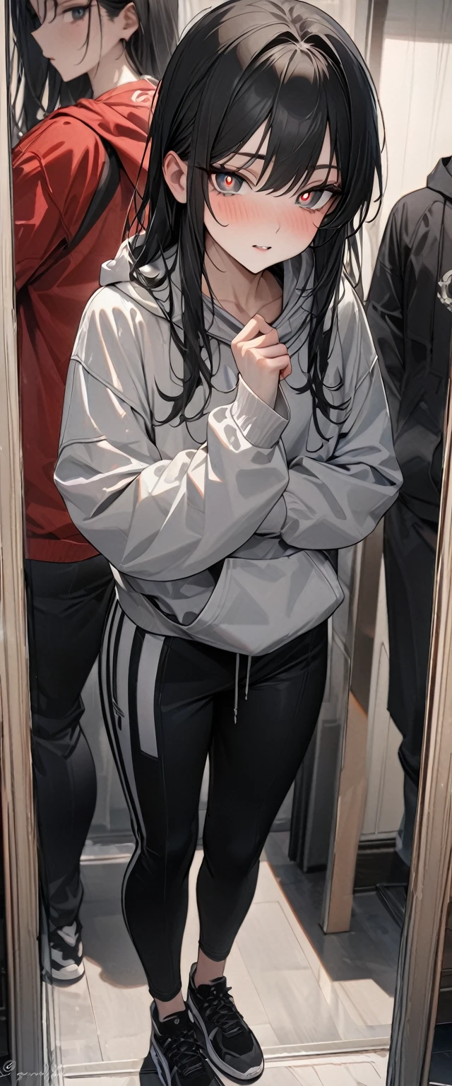 ((best quality)), ((masterpiece)), (detailed), perfect face, super detail, masterpiece, ccurate, best quality, high quality, high details, super detail, high resolution
"An 18-year-old male wearing a hoodie and long sports pants. He has black eyes with red dragon-like pupils, and short, spiky black hair. The character is detected in full body, standing in front of a mirror. The camera captures both sides, showing the male outside the mirror and the female inside the mirror. Both share the same characteristics, but the female has long hair."