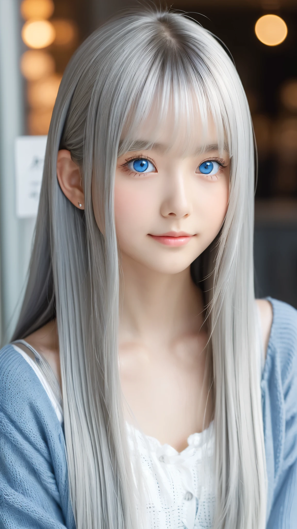 Shining, clear, white skin、Her windblown silver hair hides her beautiful face.、huge、28 years old cute sexy little beautiful face、Beautiful straight hair that stands out、growing up, Sparkling light blue eyes、long silky bangs that cover cute eyes, Sexy and cute young woman with super long hair hiding her sexy face、Shining silver hair