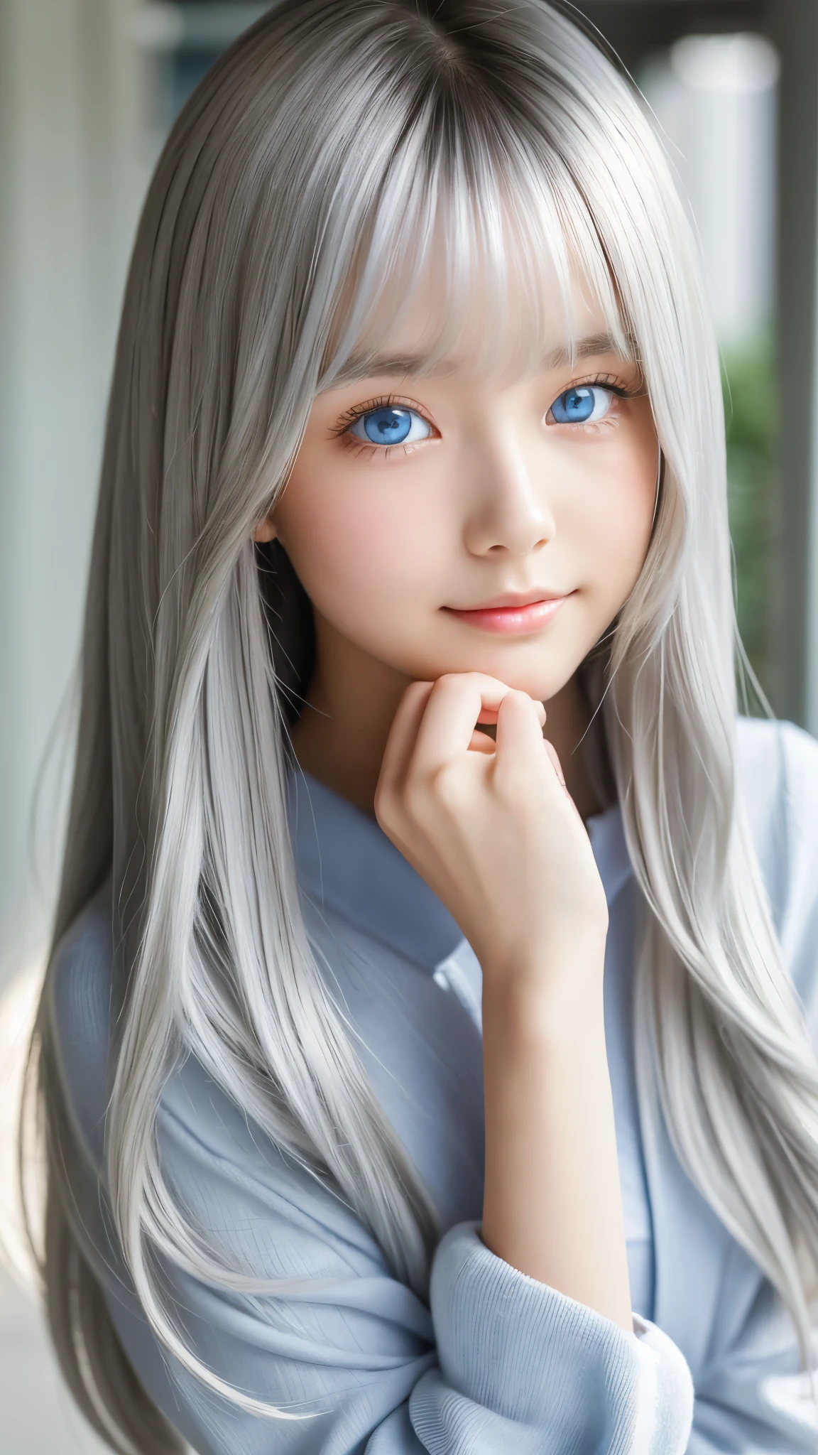 Shining, clear, white skin、Her windblown silver hair hides her beautiful face.、huge、28 years old cute sexy little beautiful face、Beautiful straight hair that stands out、growing up, Sparkling light blue eyes、long silky bangs that cover cute eyes, Sexy and cute young woman with super long hair hiding her sexy face、Shining silver hair