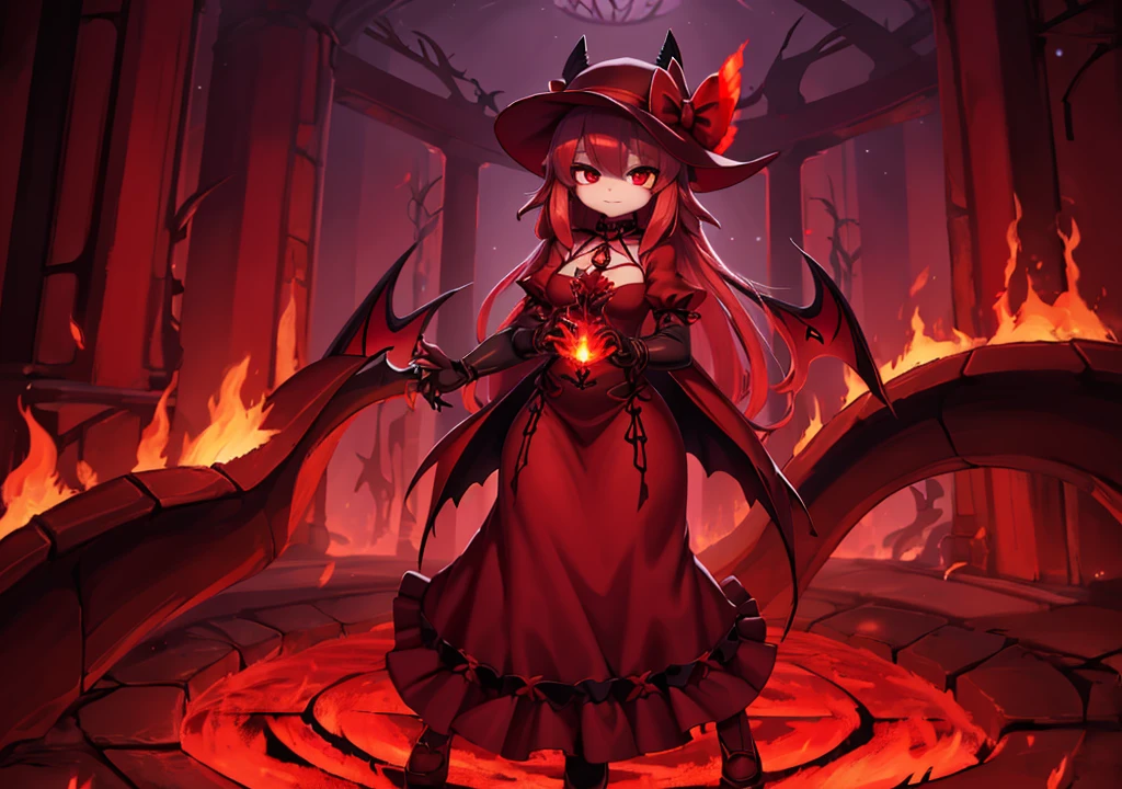 there is a drawing of a woman with a red dress and a hat, emitting evil red aura, dark goddess with six arms, red aura, red biomechanical dress, remilia scarlet from touhou, evil aura, crimson red aura, dark glowing red aura, the butterfly goddess of fire, symmetrical fullbody rendering