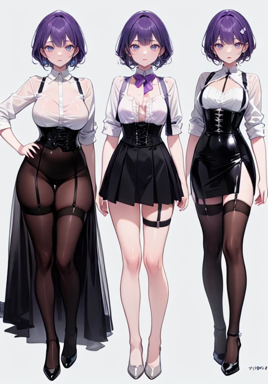 Purple Hair,Shortcuts,Adult female,(((bartender))),((Body Harness)),((Rolling up your sleevesYshirt)),(corset),mini skirt(Short skirt),((garter belt)),High heels,((Simple Background)),smile,((Full Body)),((full body)),((whole body)),Character Sheet,