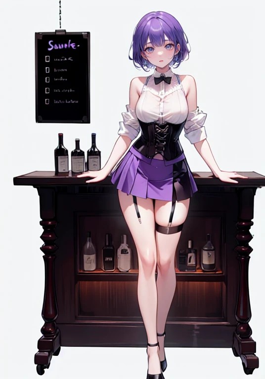 Purple Hair,Shortcuts,Adult female,(((bartender))),((Body Harness)),((Rolling up your sleevesYshirt)),(corset),mini skirt(Short skirt),((garter belt)),High heels,((Simple Background)),smile,((Full Body)),((full body)),((whole body)),Character Sheet,