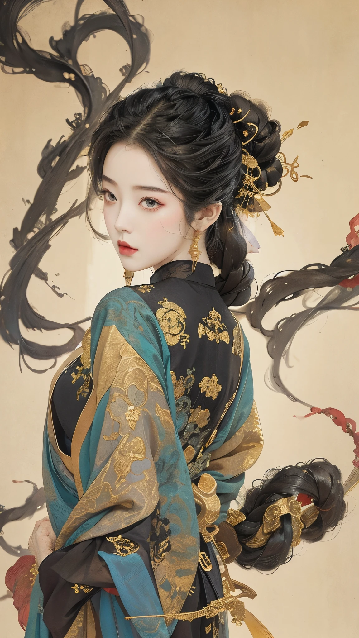 hanfu,1girl,(gilt gradient background:1.2), chinese style,(elegance:1.4), ancient decoration,swirl style, ink splash,