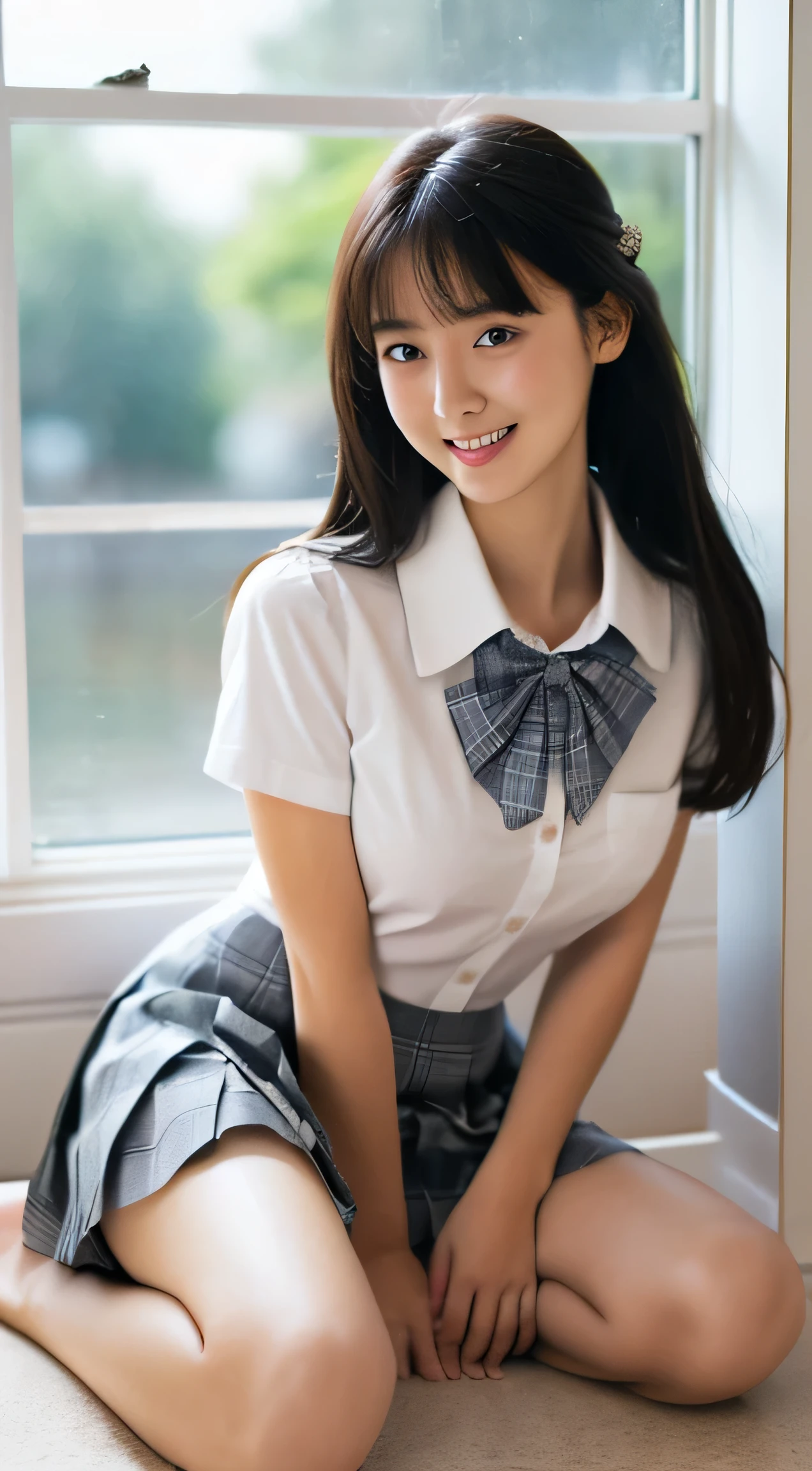 (masterpiece:1.2, highest quality), (Realistic, photoRealistic:1.4), Smiling with white teeth, 
View your viewers, whole body, Front view:0.6, Sexy woman、barefoot、
1 girl, Japanese, high School girl, (Long Hair:1.5), Hair fluttering, (Half Up, Half Updo), bangs, Hair between the eyes, Large Breasts:0.8, 
Beautiful Hair, Beautiful Face, Beautiful fine details, Beautiful clavicle, Beautiful body, Beautiful breasts, Beautiful thighs, Beautiful feet, Beautiful fingers, 
(Beautiful views), , School,
((Collared short-sleeved shirt, White shirt, , Grey plaid pleated skirt, Blue checked bow tie)), White panties, 
(Are standing, , Lift up your skirt, Grab the hem of your skirt, Place your hand on your chest, Place your hands between your legs), 
blush, ,Upscaling