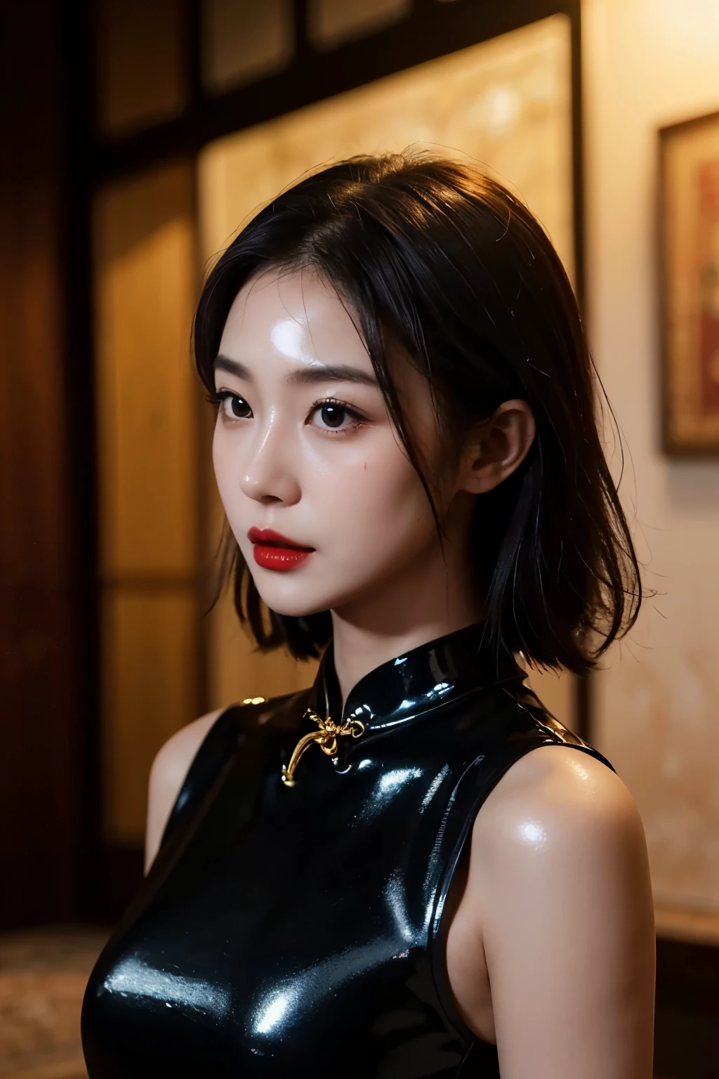 1 Girl,shrub,girl girl, Black cheongsam dress, Blunt, (masterpiece:1.4), (best quality:1.4), (Oily and shiny skin), Red lips, Looking at the audience, Large Breasts, Cleft lip, Upper Body,