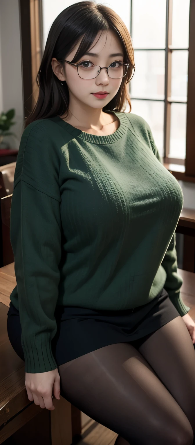 (Best quality,8k,ultra high res:1.2),(Pretty Japanese girl),(Huge breasts:0.8),(dark green sweater), (thick thighs:0.9), (obese body), (glasses), (SFW),