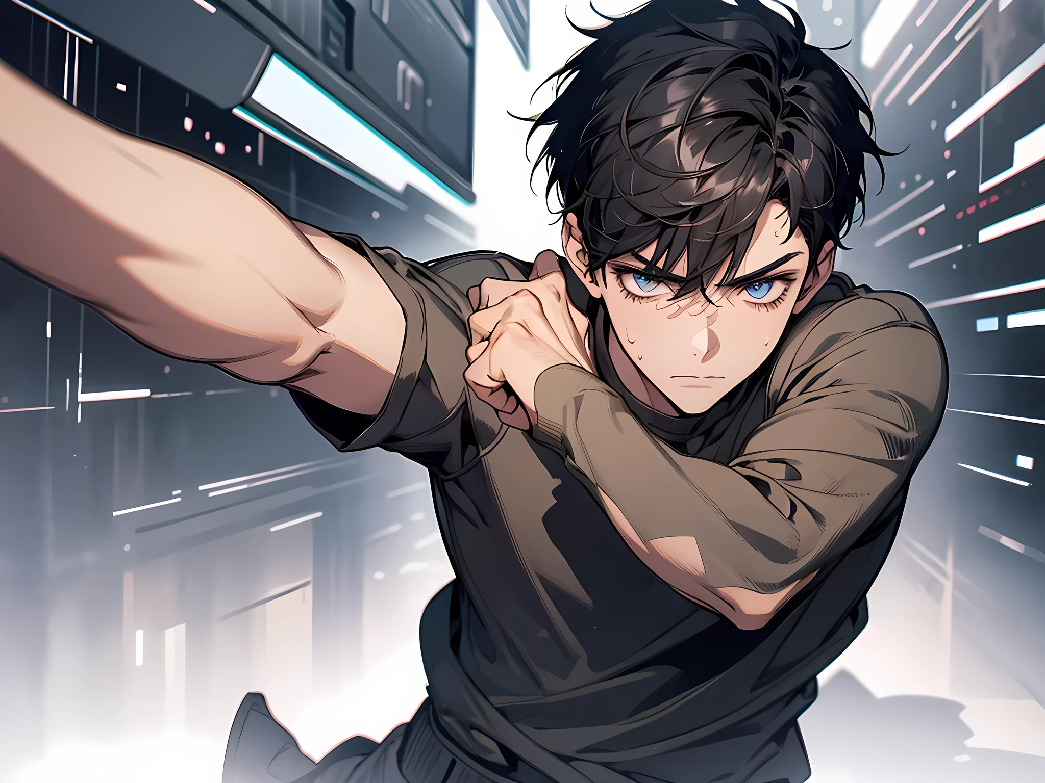 1 boy, doing punching pose, black hair, short hair, sweating, showing his fist, face to detail, detailed eyes, full-body illustration