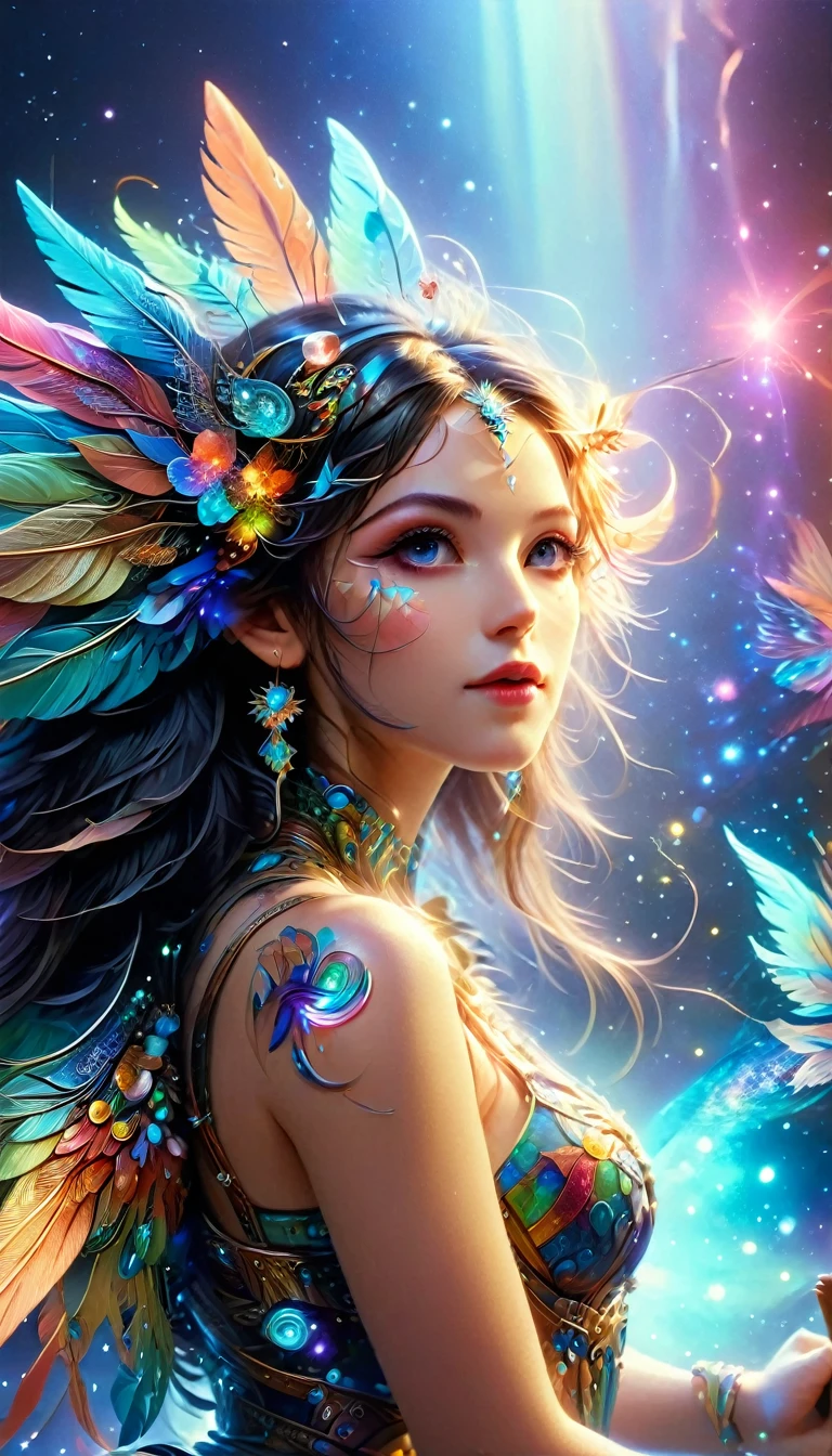 (Seven-part shot:1.6), Dramatic depiction of a stunning beauty with glittering wings,Rainbow feathers,She flew over surrealism,Dusk sky,Leaving a trail of stardust behind,Her eyes sparkled with mystery and curiosity.,She is surrounded by floating islands that are not affected by gravity.,Each piece is decorated with brightly colored floating crystals.,Bold and fantastical colors,Create an otherworldly beauty,Use drone cameras to capture unique angles