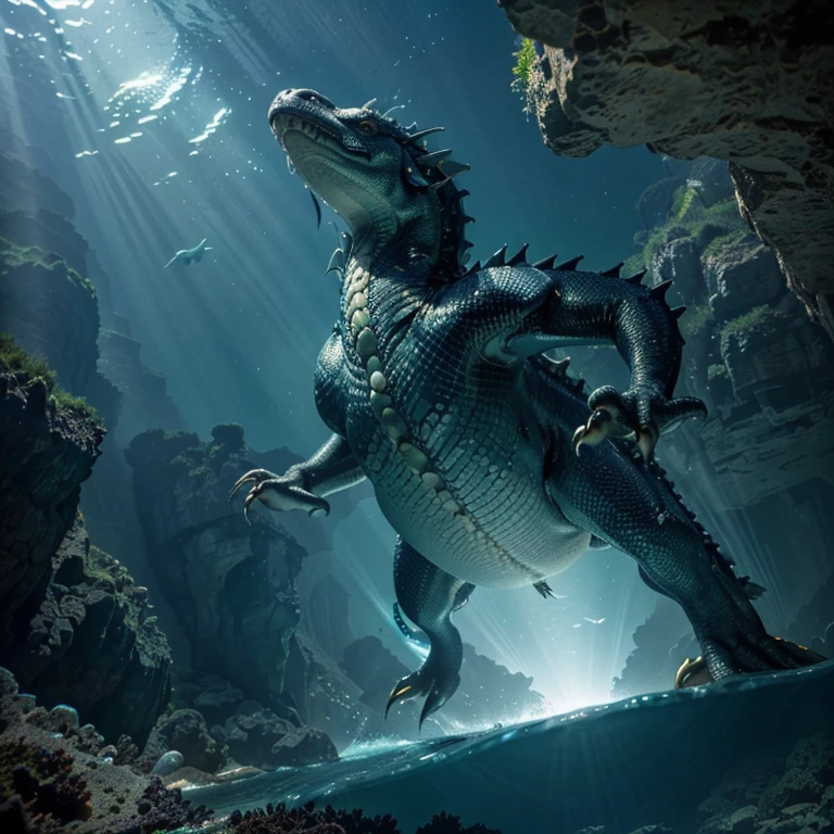 Underwater, light coming from above, deep water, looking up, aquatic dragon swimming overhead, looking at dragon from below, huge dragon, fish in background, rock ledges, seaweed, deep blue, focus on dragon, breathtaking, gorgeous