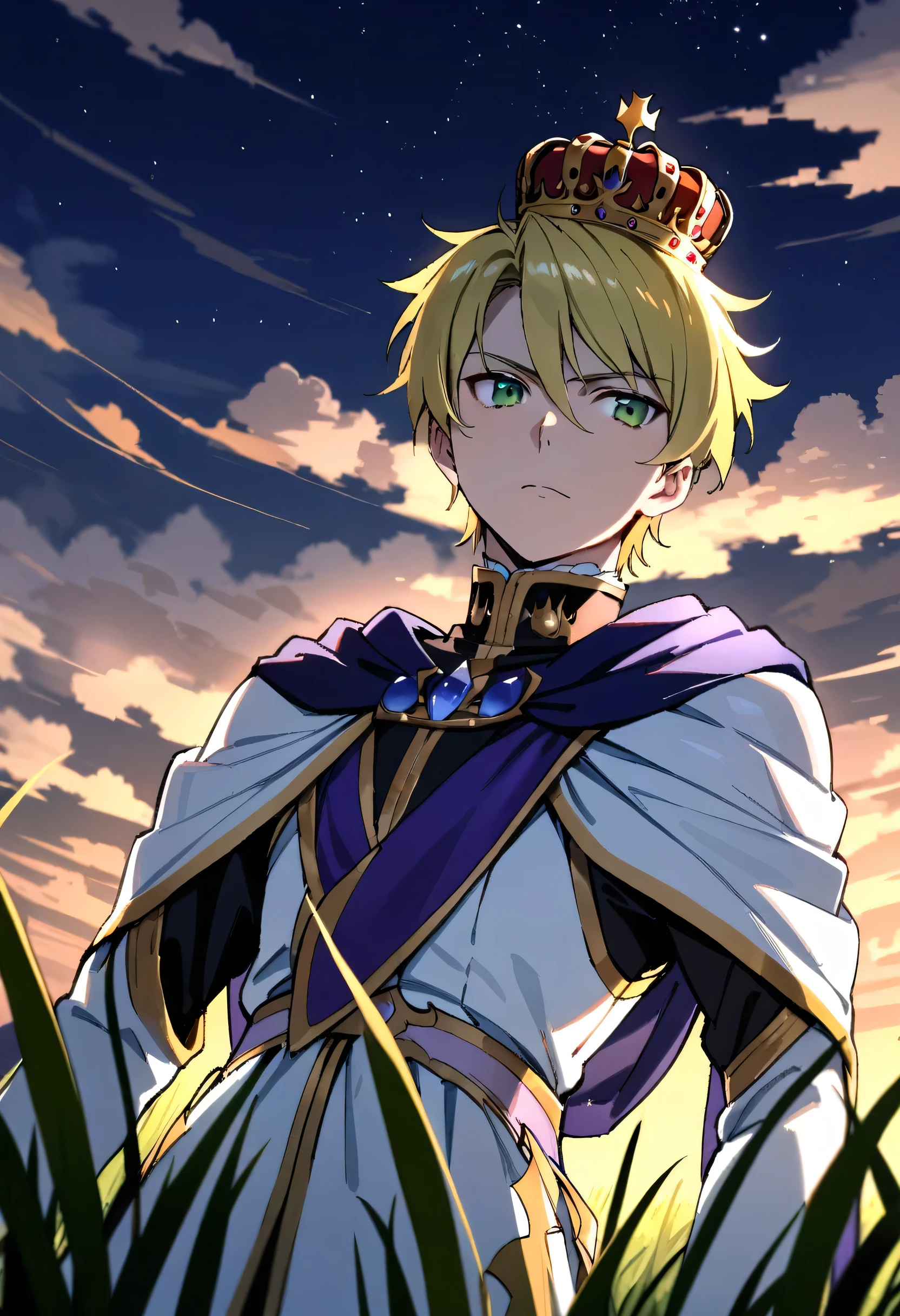 (Masterpiece, best quality:1.2, highres) 1 man, solo, sharp features, handsome, 21 years old, short hair, blonde hair, beautiful eyes, green eyes, stoic, fair skin, beautiful, prince, royal garb, crown, fantasy, body shot, in field, night sky, clouds.