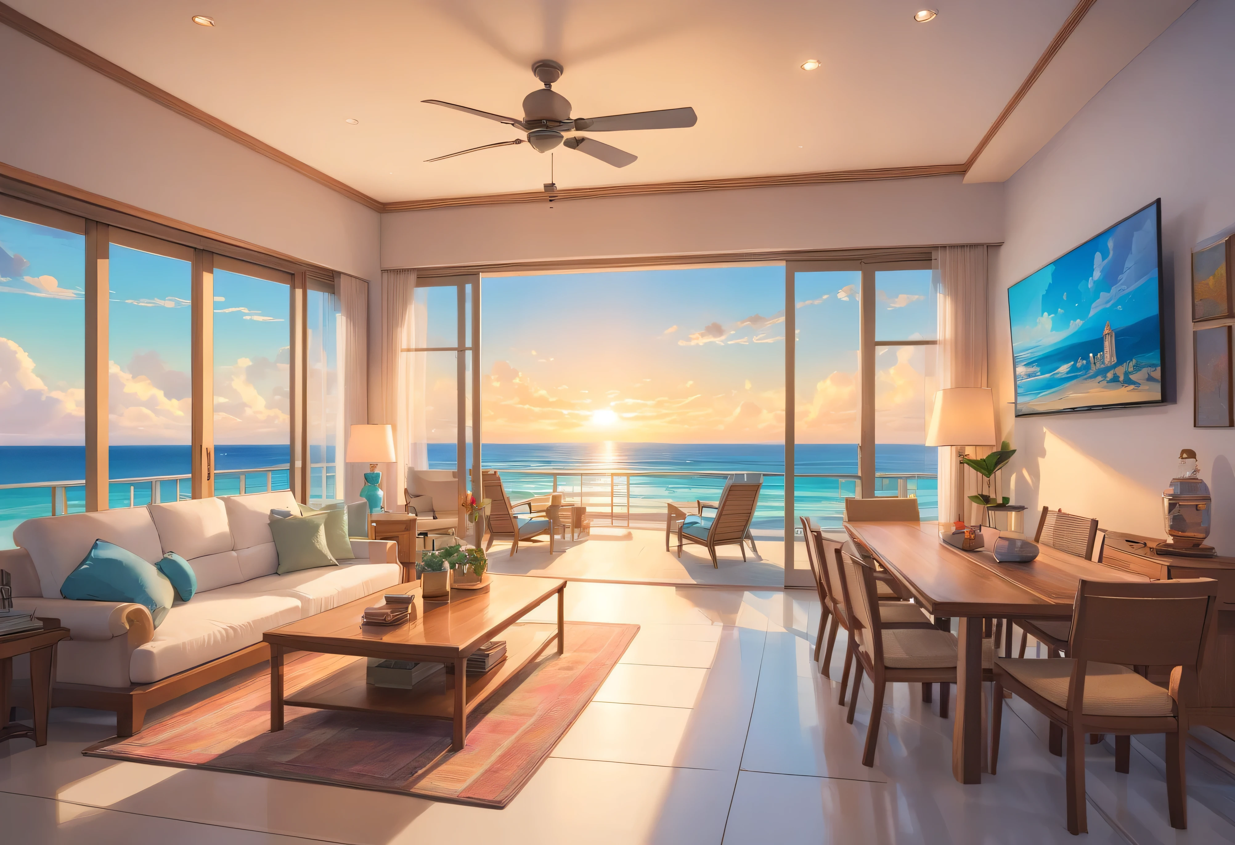 Beautiful oceanfront beachfront condo in white color with blue and grey accents. The living room has large windows that look out over the balcony overlooking the beautiful sunset view on the Gulf Coast in Mexico. In the foreground is an open area with some dining table chairs. There is also a TV on one wall and a sofa. This photo was taken using a high-resolution DSLR camera. It captures every detail perfectly. The colors are vibrant and true to life in the style of a professional photographer, 8k, super detail, accurate, best quality