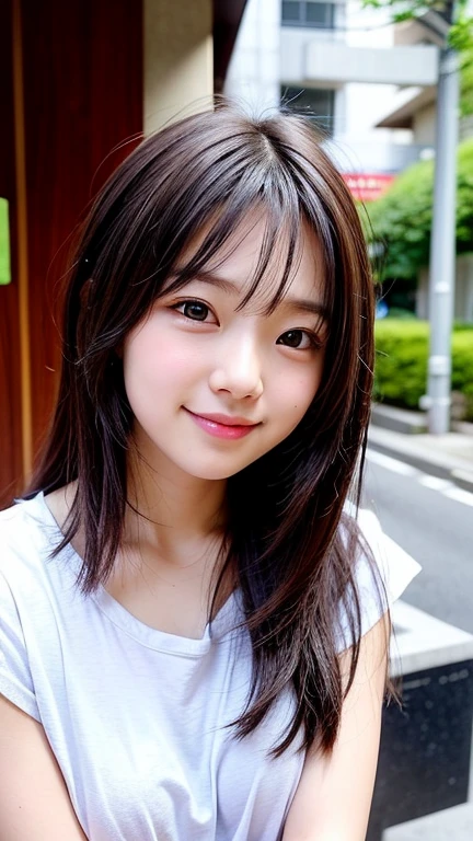 Create an image of a girl similar to Yui Arakaki. Focus especially on the atmosphere around the eyes and the style of the hair, and draw a person who has a similar impression to her. Also, incorporate a bright smile or graceful expression similar to hers. You can arrange your clothes and backgrounds freely, but please express her cleanliness and natural charm.