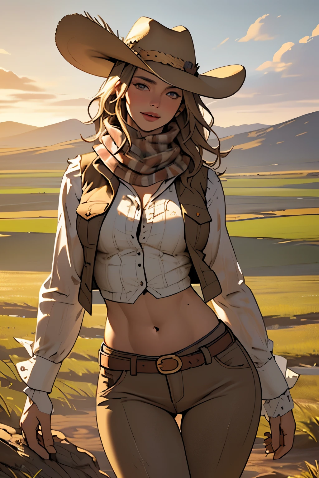 (highest quality, Super detailed, realistic:1.37), outdoor, girl, muddy, detailed and beautiful eyes, beautiful detailed lips, cowboy hat, vest with fringes, slim waist, round hips, thigh gap, show belly, pants, scarf, With confidence, middle of chest, dusty farm landscape, golden hour lighting