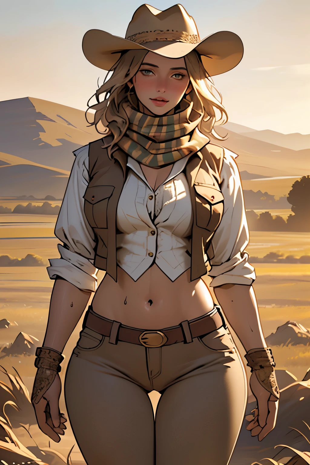(highest quality, Super detailed, realistic:1.37), outdoor, girl, muddy, detailed and beautiful eyes, beautiful detailed lips, cowboy hat, vest with fringes, slim waist, round hips, thigh gap, show belly, pants, scarf, With confidence, middle of chest, dusty farm landscape, golden hour lighting
