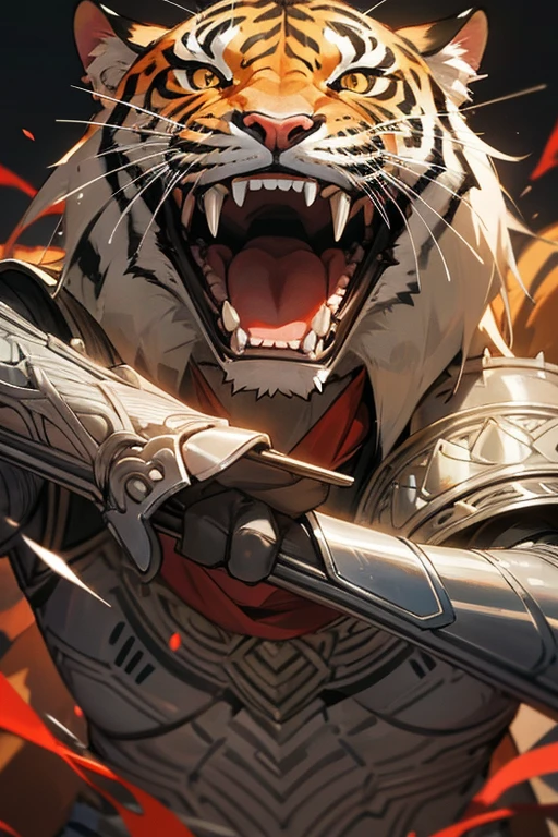 Animal tiger、 fine armor, Intricate Design, Silver, silk, 8k.sharp、View your viewers、Absolutely strong、Show your fangs、roar、