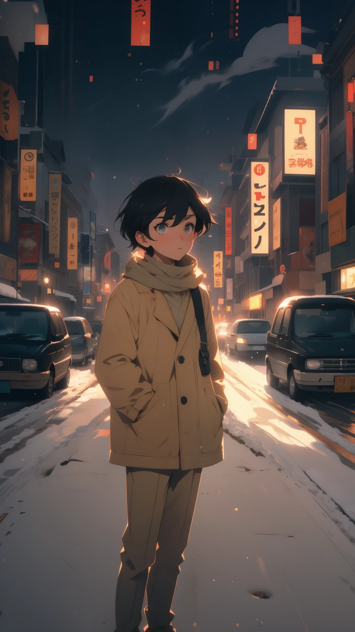 an illustration of an boy adolescent with short black hair, dressed in a winter outfit of beige and olive clothes, walking down a snowy street lined with glowing billboards and passing cars. the scene is high contrast, with the character looking around in wonderment abasterpiece)), ((best quality)), ultra detailed,((illustration)), dynamic angle, detailed light, (delicate eyes), (ahoge:0.8),apathy, ray,frontage,style of anime4 k, 4k anime wallpaper, badass anime 8 k, 4 k comic wallpaper