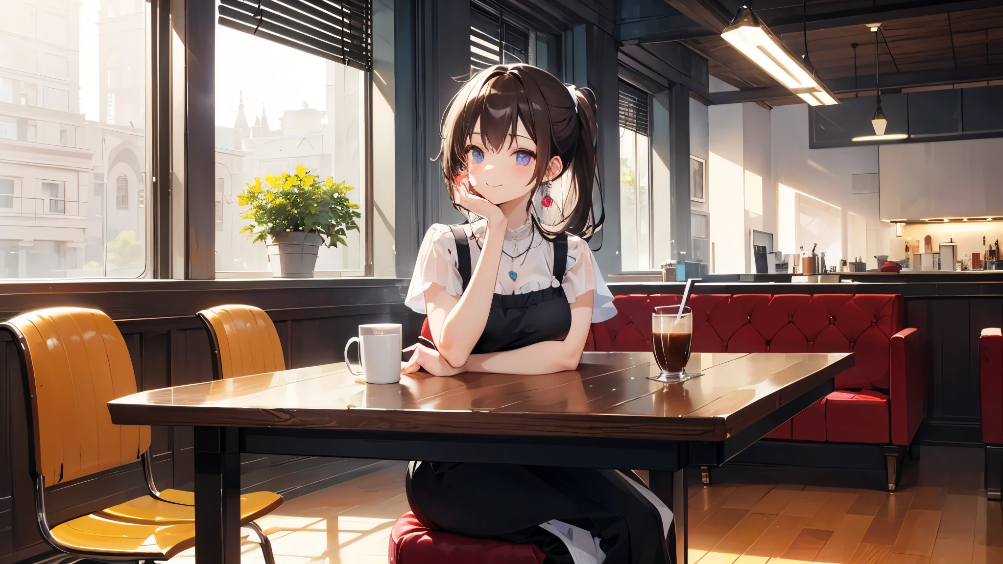 ((masterpiece)), ((highest quality)), (Very detailedな), ((cute)), cute, (Lovely), ((Very detailed)), 4K, (8k), highest quality, (beautiful), Anime Style, profile, Focus on the face, Full Body Focus, Cafe , ((drink a cup of coffee)), ((sitting on the chair in the Cafe)), morning, a cute girl, One girl, alone, one piece, beautiful dark brown hair, beautiful purple eyes, ((beautiful eyes with highlights )), White skin, ponytail, Transparent Hair, Translucent hair, Large Breasts, cigarette, Earrings, necklace, A light smile