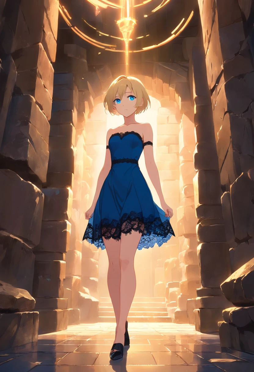 17 years old Women, ((Blonde)), ((Blue eyes)), ((Short hair)), ((Full Body)), use black strapless lace dress, backless, black high heeels, inside a cavern in which there is a ray of light that enters through the ceiling
