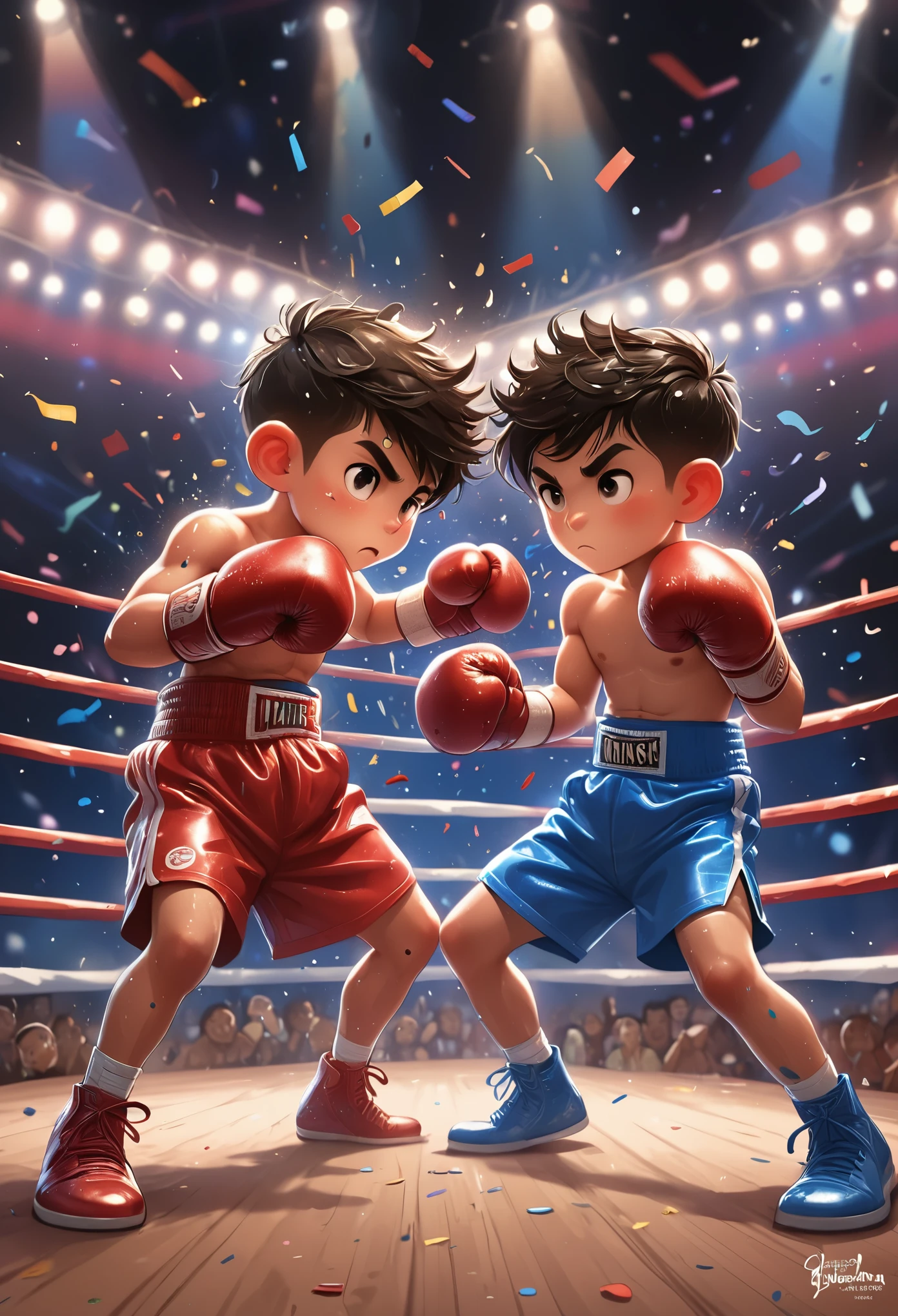 a cartoon image of two boys boxing in a ring, Drew Tucker（Drew Tucker）Digital rendering of, cg Social Hotspot, Process art, boxing match, boxing, game illustration, in a boxing ring, struggle battle, YouTube thumbnail, struggles, boxing ring, official art, Ink art brawlstars, fist struggle, struggle, official artwork, Gold gloves, Game Art，muscle，Colorful confetti in the air