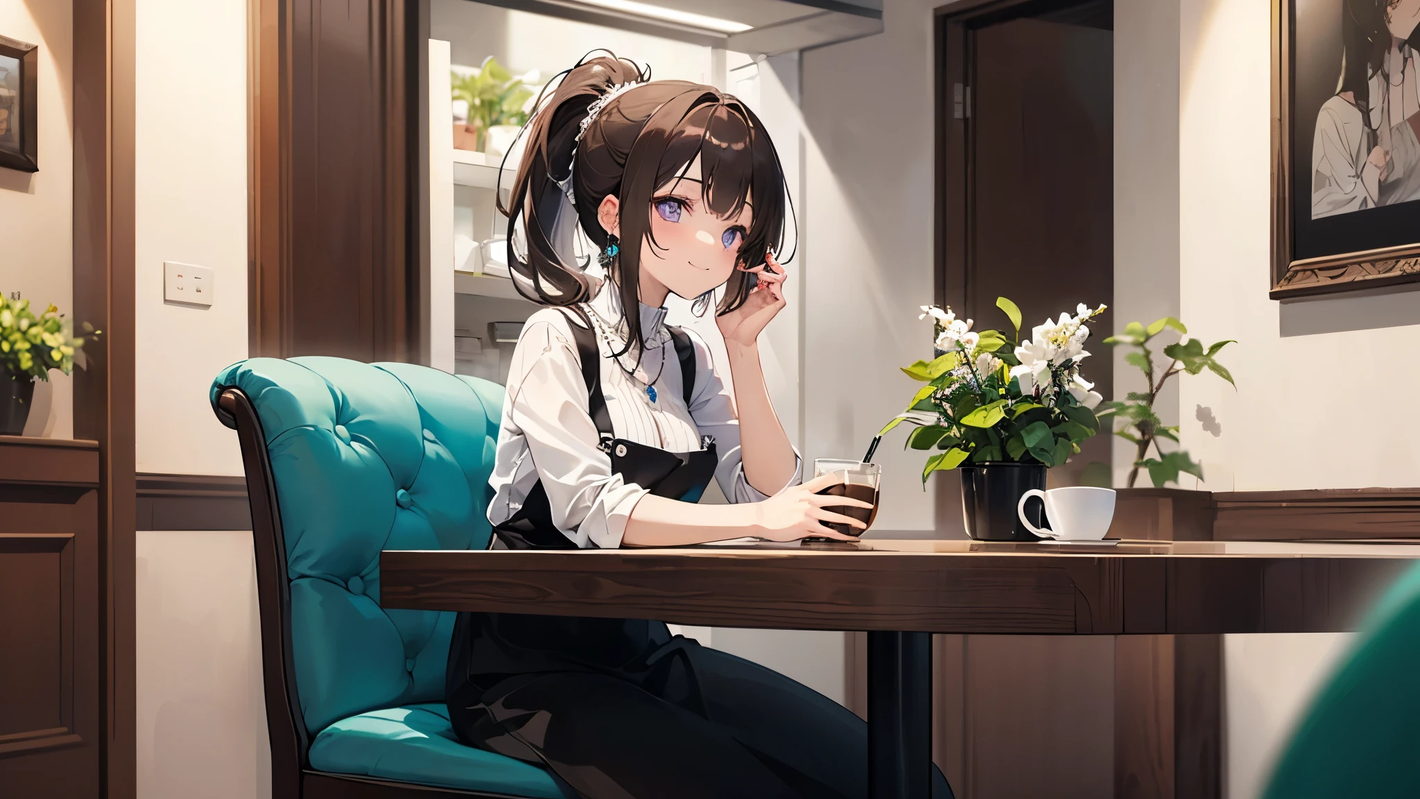((masterpiece)), ((highest quality)), (Very detailedな), ((cute)), cute, (Lovely), ((Very detailed)), 4K, (8k), highest quality, (beautiful), Anime Style, profile, Focus on the face, Full Body Focus, Cafe , ((drink a cup of coffee)), ((sitting on the chair in the Cafe)), morning, a cute girl, One girl, alone, one piece, beautiful dark brown hair, beautiful purple eyes, ((beautiful eyes with highlights )), White skin, ponytail, Transparent Hair, Translucent hair, Large Breasts, cigarette, Earrings, necklace, A light smile