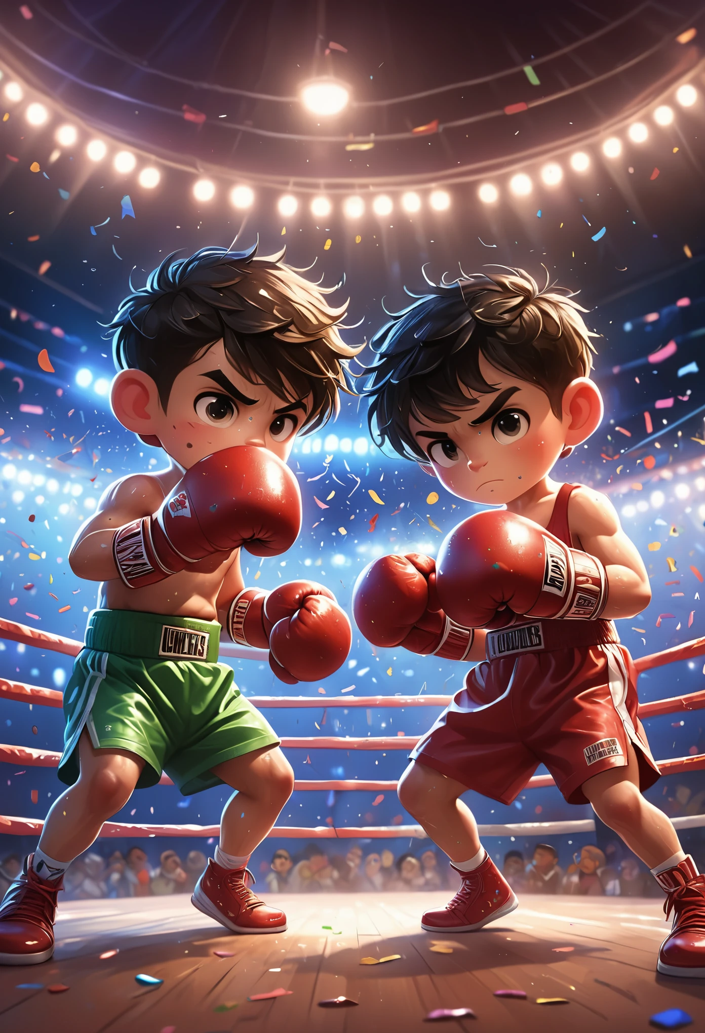 a cartoon image of two boys boxing in a ring, Drew Tucker（Drew Tucker）Digital rendering of, cg Social Hotspot, Process art, boxing match, boxing, game illustration, in a boxing ring, struggle battle, YouTube thumbnail, struggles, boxing ring, official art, Ink art brawlstars, fist struggle, struggle, official artwork, Gold gloves, Game Art，muscle，Colorful confetti in the air