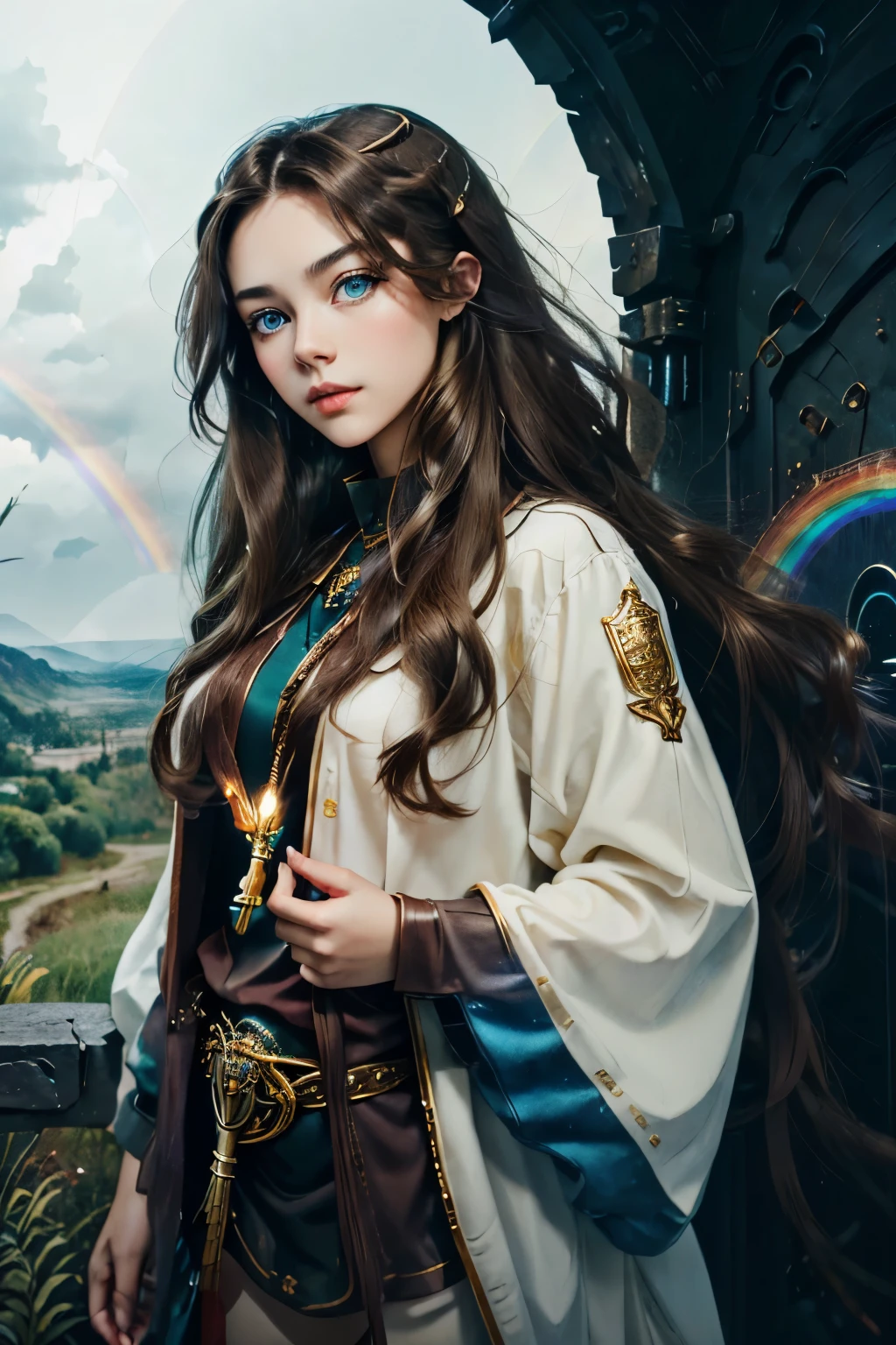 A beautiful girl with blue eyes and long brown hair stands before a majestic gate, a golden key in her hand. The gate is partially opened and reveals a wonderous landscape beyond with a rainbow in the sky.