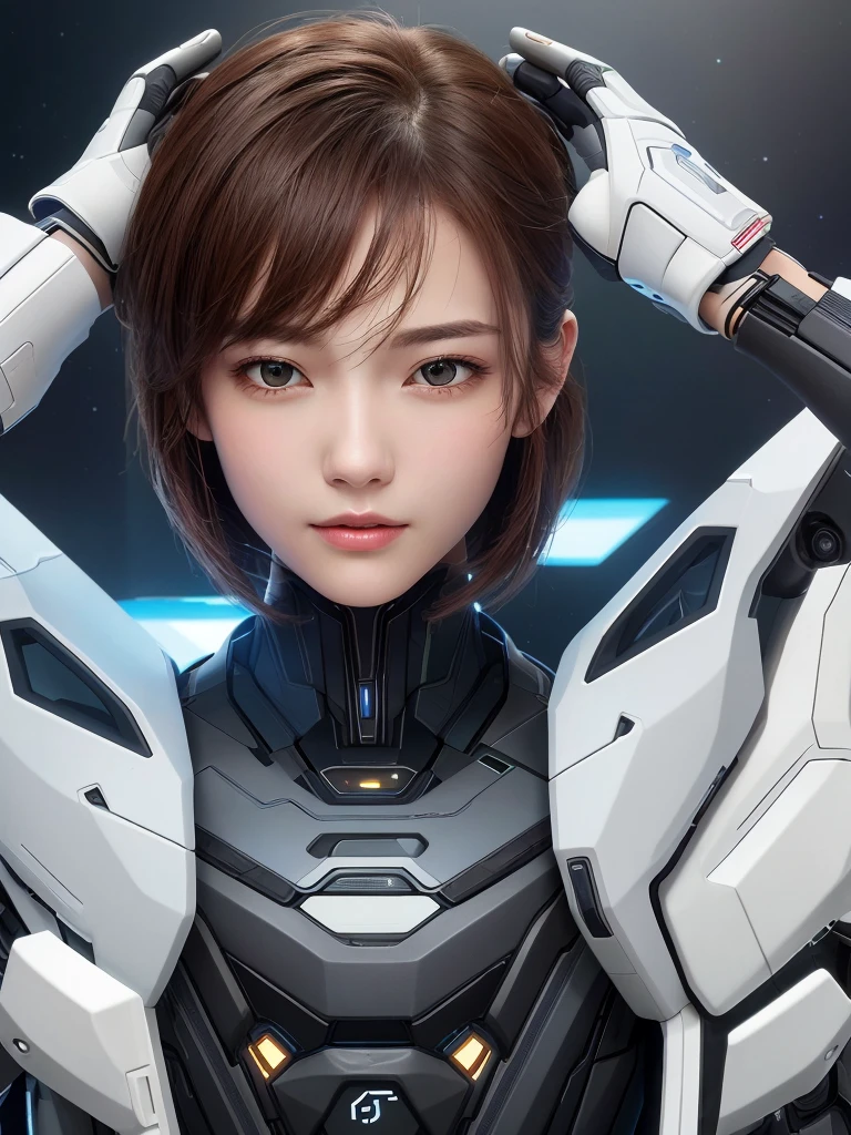 masterpiece、top-quality、realisitic、ultra-detailliert、SFW、head shot、facial close-up、Portrait of a young woman、starsector、Sci-fi style mechanical suit、High-tech gadgets、Head turned to the front、