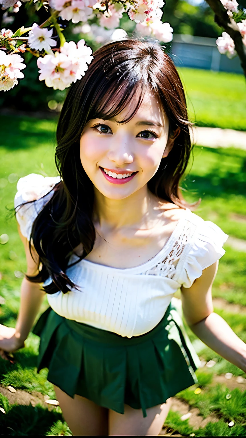 highest quality, Ultra-high resolution, (Realistic:1.4),from above、 Under the cherry trees in spring、Woman looking up at the camera and smiling。She is wearing a white lace blouse and a pleated skirt.、Over that she wears a loose cardigan。Cherry blossoms fluttering around、The background is a bright green grassland。The images have a bright and refreshing feel.、It is shot from an overhead perspective。In high resolution、Spring warmth and flowers々The delicate colors of。wide shot、full body