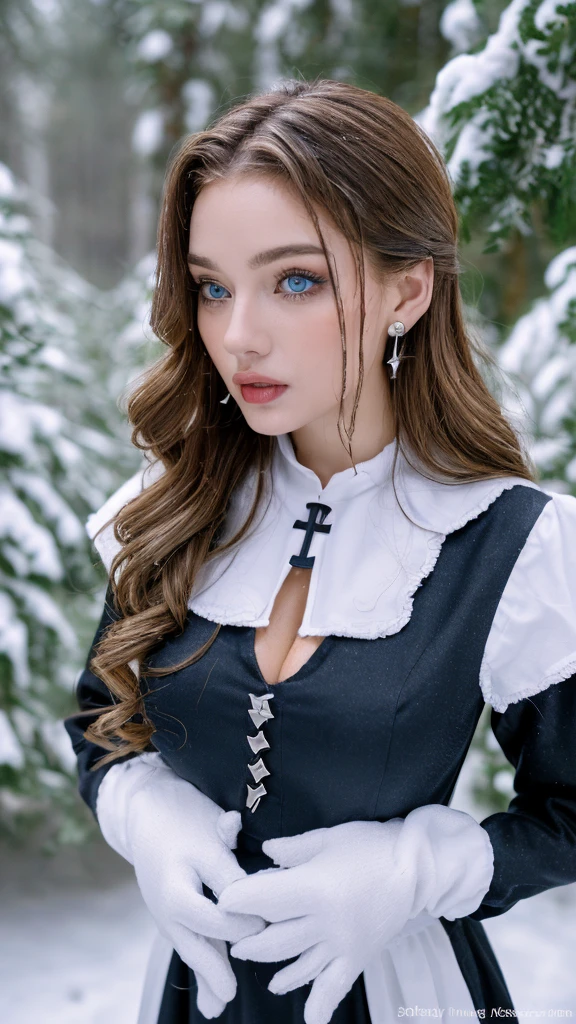 1 miniature Beautiful beautiful woman - Yuan Sayuki, ((top quality, 8K, Masterpiece:1.retty woman, 1 woman, huge breasts:1.3, a slim body:1.1, lush GINGER long hair with 2 buns, (shower, wet body, wet clothes:1.1), very detailed face, detailed lips, detailed eyes, double eyelids, Detailed blue eyes, чрезвычайно Detailed Outstanding Blue Eyes, long GINGER wet hair, GINGER wet hair, Detailed Outstanding Blue Eyes, innocent look at the viewer, very wet wavy white hair, Detailed Outstanding Blue Eyes, huge cross earrings, Outdoors, badges behind, gothic maid uniform,  sexy maid dress, bare chest, huge chest tattoo, detailed huge catholic cross earrings, chest tattoo, Outside, wear a silver cross (Detailed cross shape), reality mode, wet breasts, black necklace, human crowd behind, black latex gloves, hair of white snowy colour, night time, red neon lights, demonic nun, nimbus (golden lighting ring above her head), angel, snowy weather, sexy pose, white lingerie, black maid dress, detailed flower wreath made of different colours, open chest