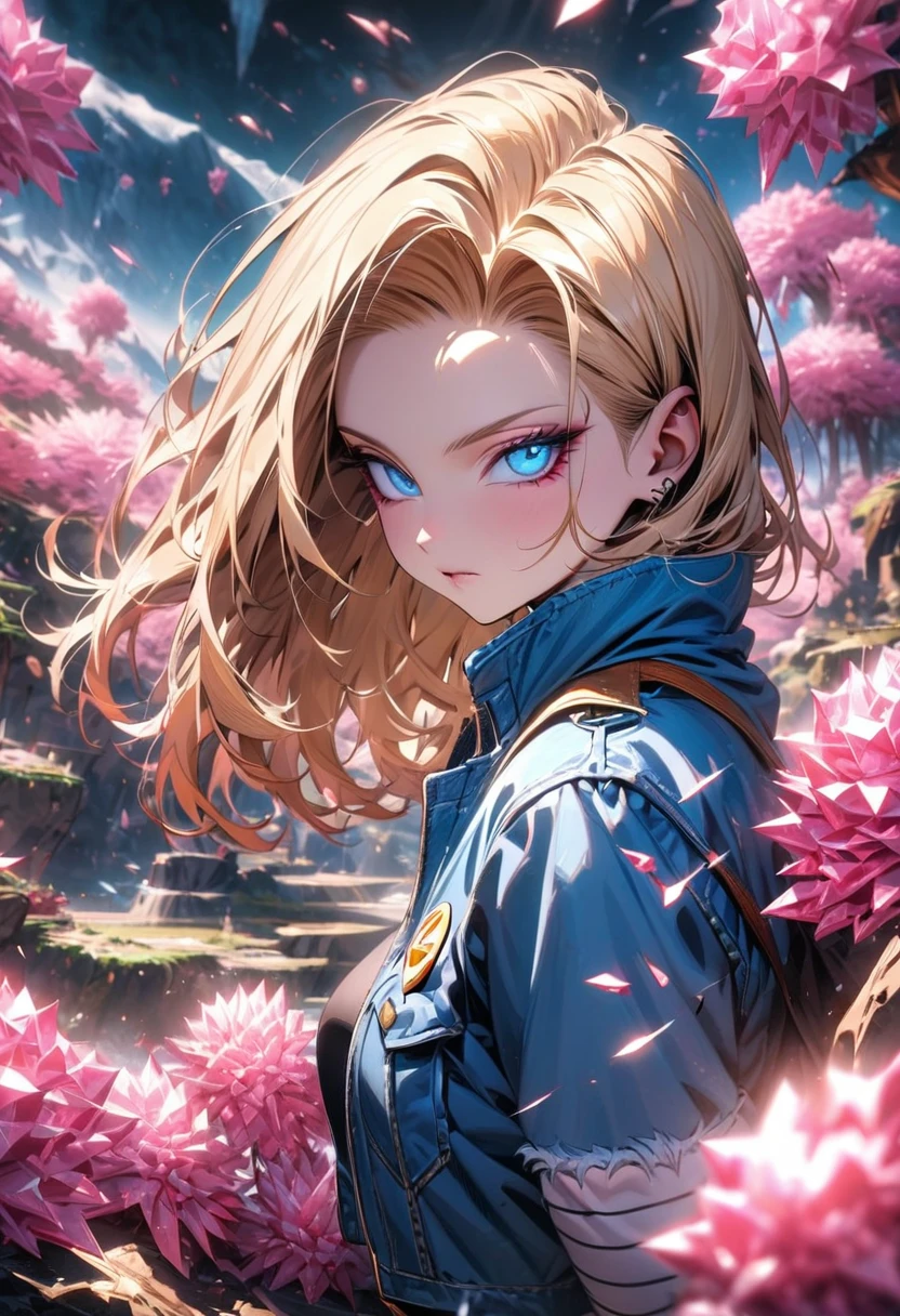 absurdres, highres, ultra detailed, HDR, masterpiece, extremely detailed face and eyes, Android 18, blond hair, expressive blue eyes, Dragon Ball Z, solo, girl, extremely beautiful, pretty, blue jacket, pink ice trees, pink ice flowers, pink ice butterflies