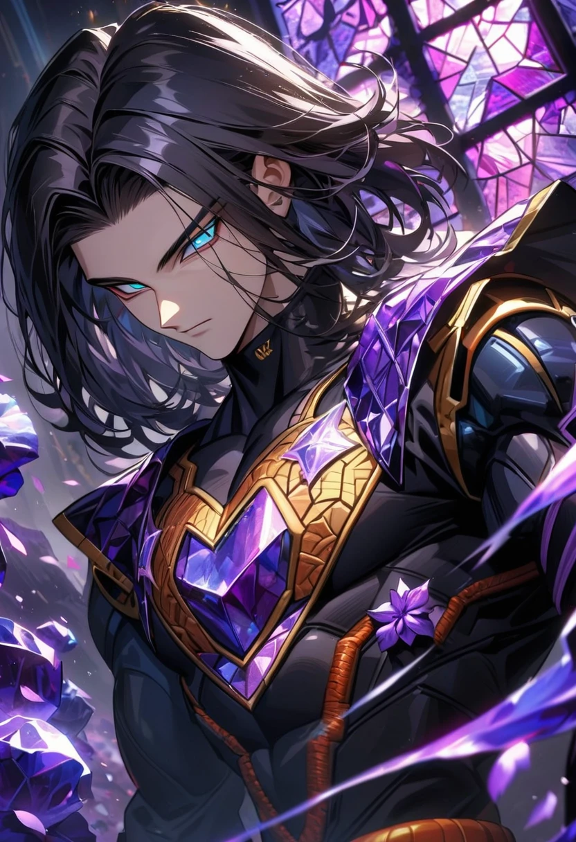 Ultra detailed, HDR, Highres, absurdres, master piece, Android 17, black hair, expressive blue eyes, Dragon Ball Z, patterns, black tight shirt, purple stained glass, purple ice, petals, purple ice flowers, sexy man, solo, extremely detailed face and eyes, extremely handsome, glittering, toned chest, purple glass, black gloves,