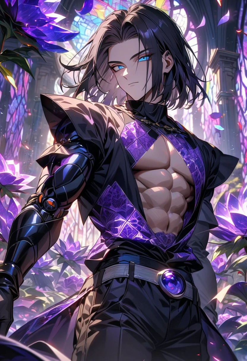 Ultra detailed, HDR, Highres, absurdres, master piece, Android 17, black hair, expressive blue eyes, Dragon Ball Z, patterns, black tight shirt, purple stained glass, purple ice, petals, purple ice flowers, sexy man, solo, extremely detailed face and eyes, extremely handsome, glittering, toned chest, purple glass, black gloves,