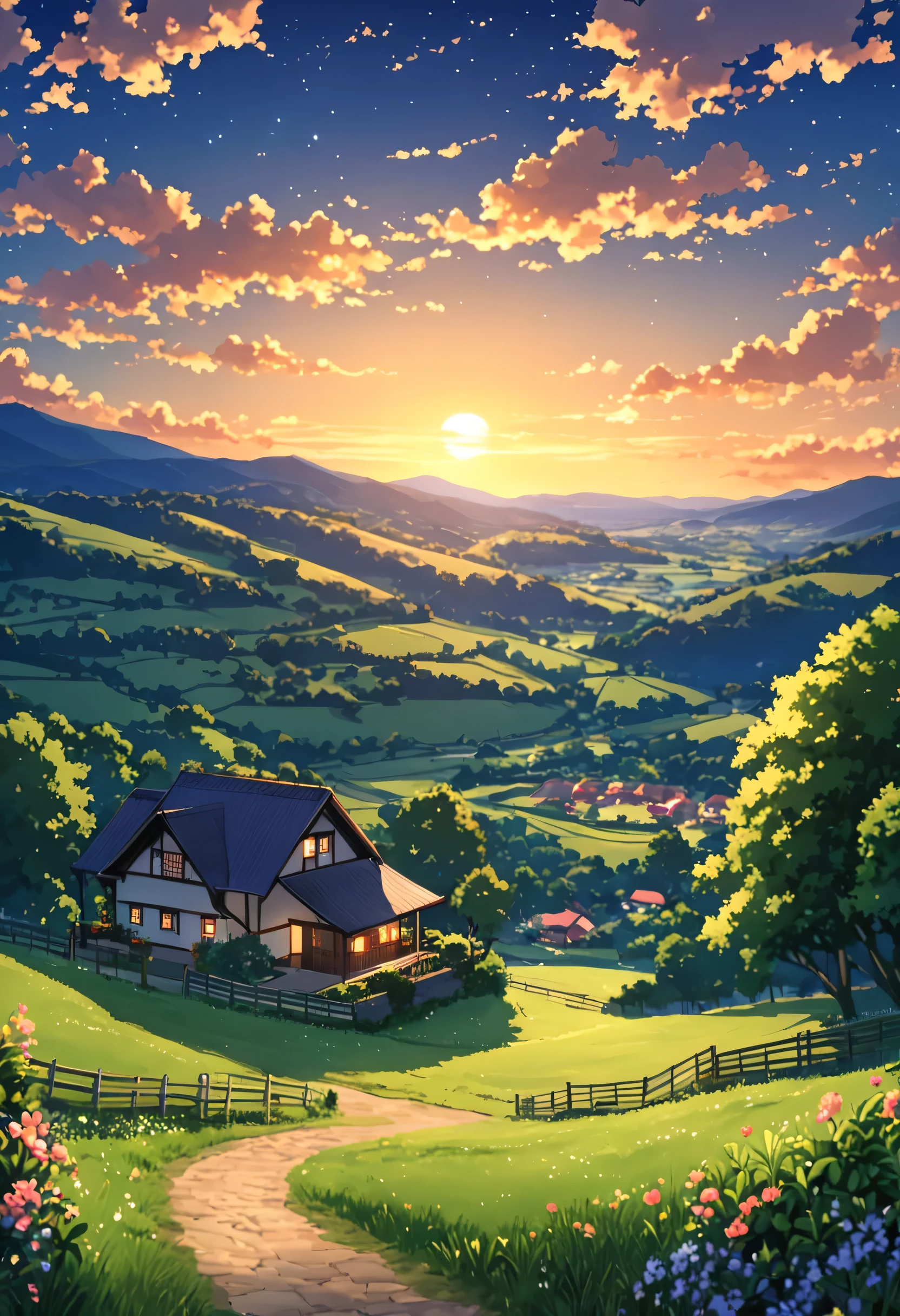 Beautiful pastoral setting, estilo anime , a noite 